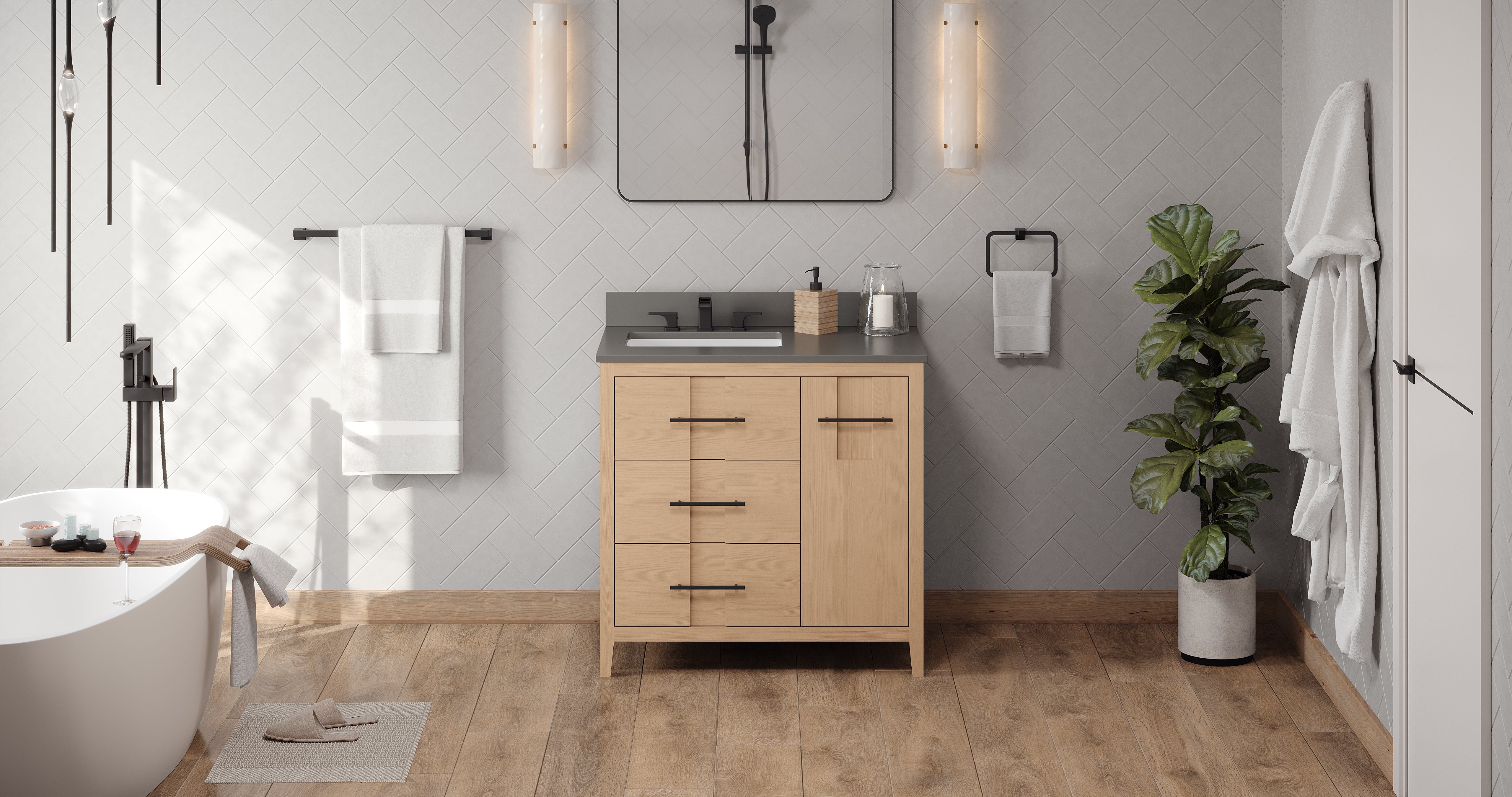 Katara 36" Single Bathroom Vanity Set Natural Oak, Grey Quartz Vanity Top, Rectangle Bowl | KitchBath