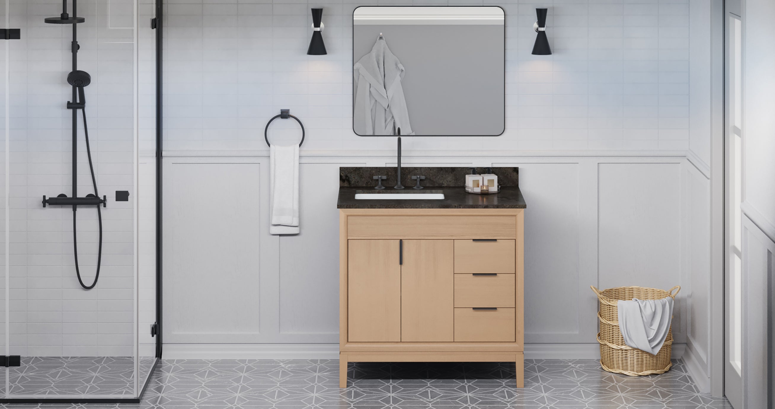 Theodora 36" Single Bathroom Vanity Set Natural Oak, Blue Limestone Vanity Top, Rectangle Bowl | KitchBath