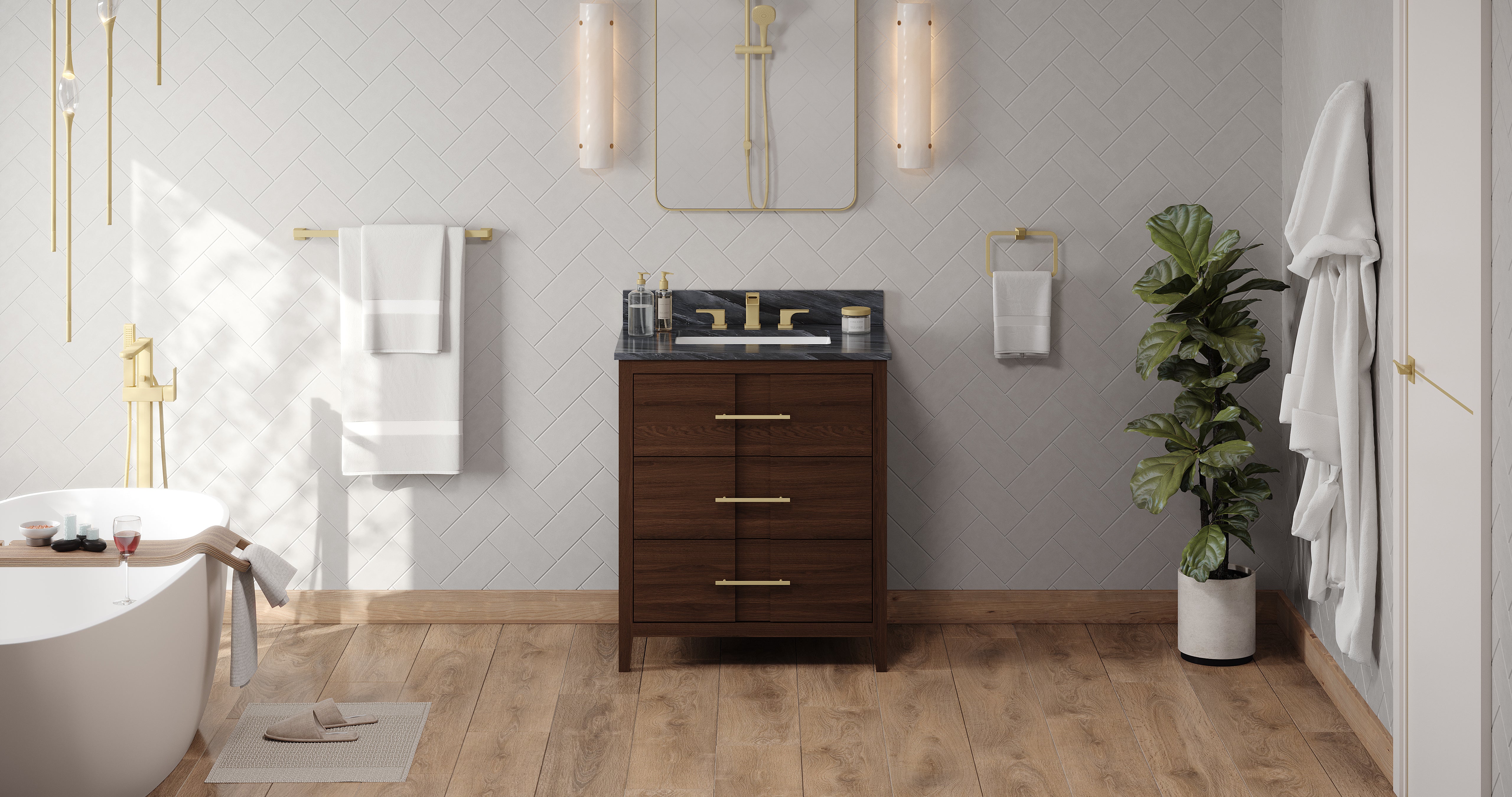 Katara 30" Single Bathroom Vanity Set Dark Walnut, Grey Marble Vanity Top, Rectangle Bowl | KitchBath