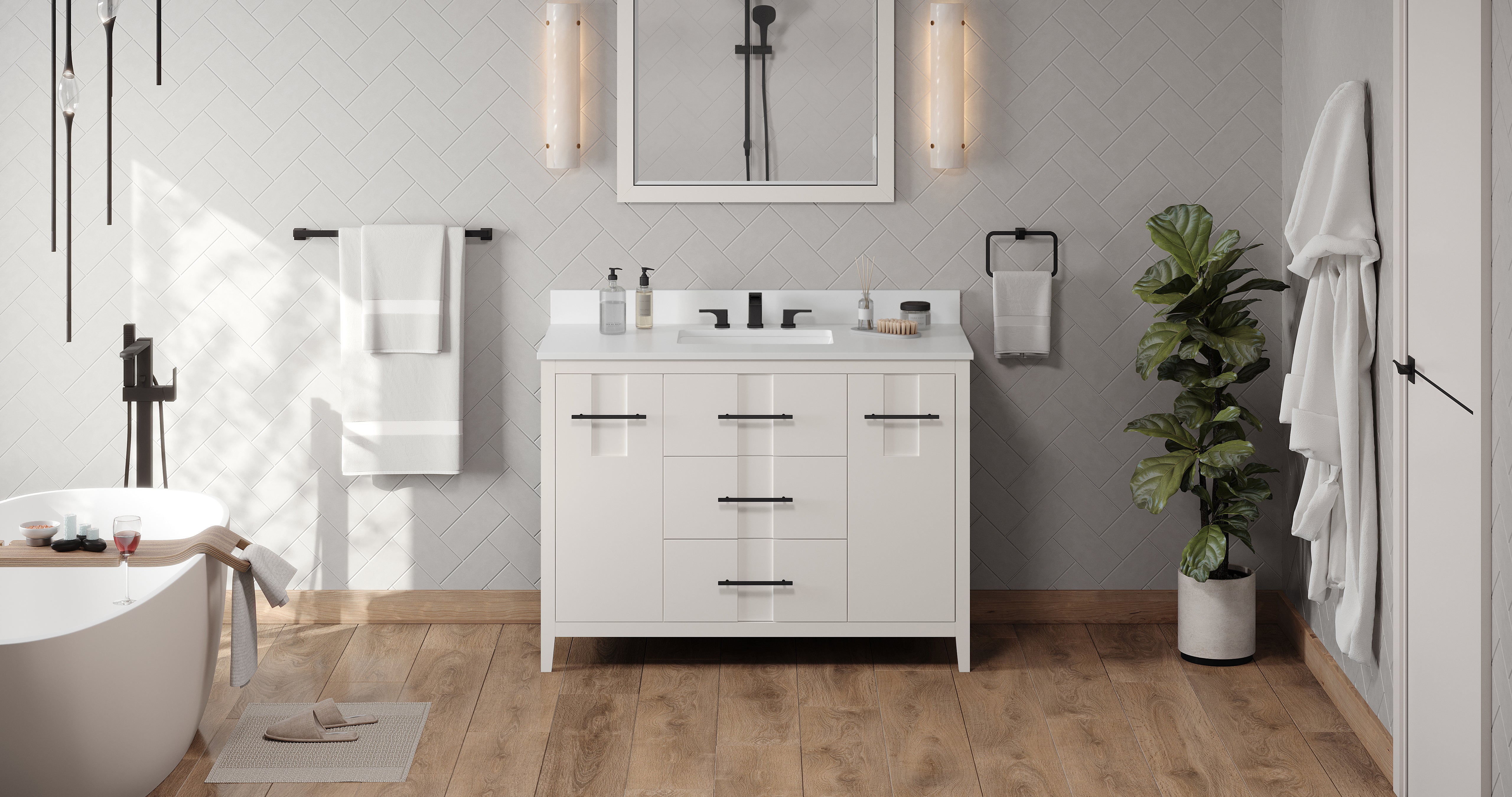 Katara 48" White Katara Vanity, White Quartz Vanity Top, Undermount Rectangle Bowl | KitchBath