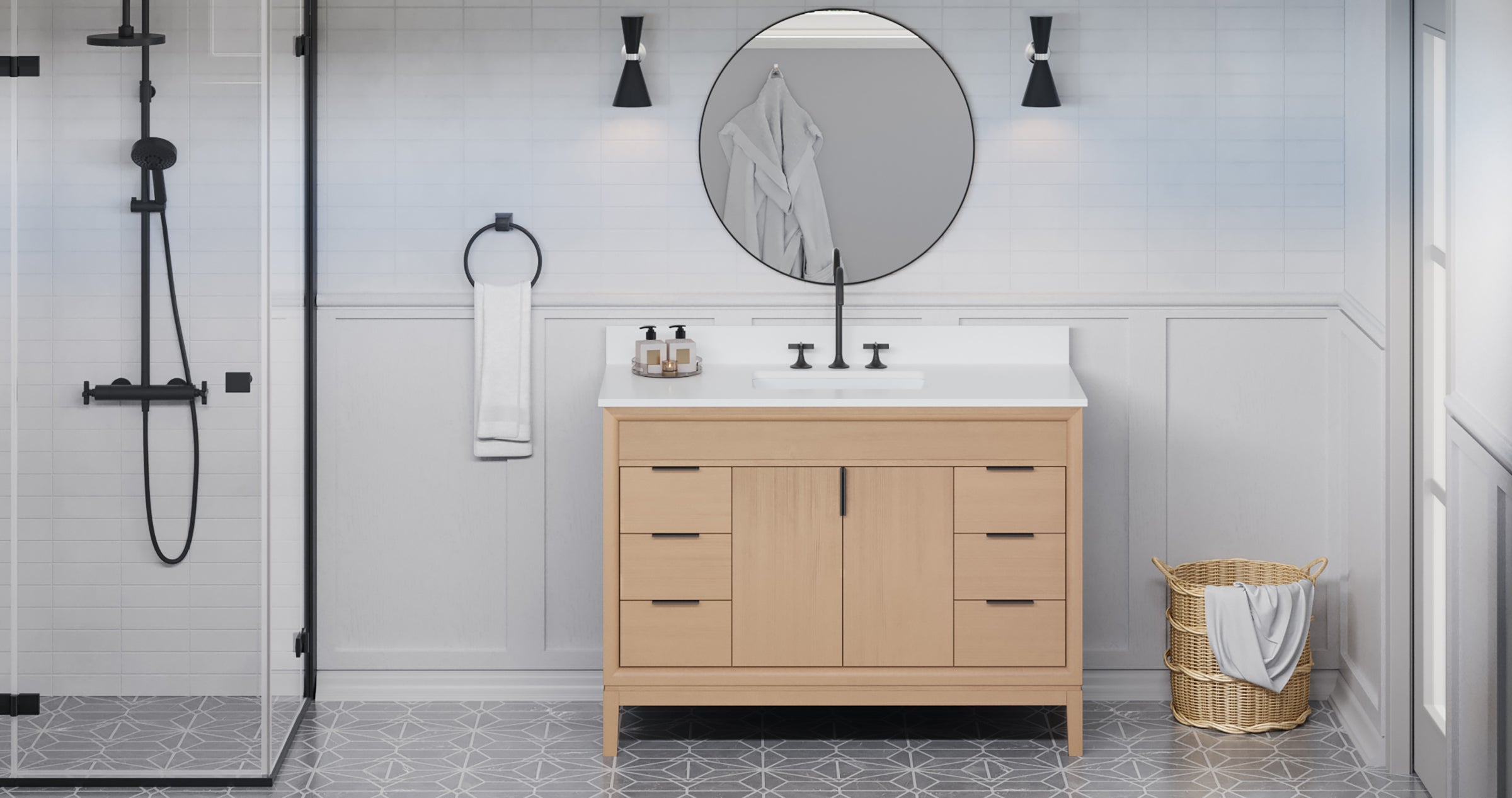 Theodora 48" Single Bathroom Vanity Set Natural Oak, White Quartz Vanity Top, Rectangle Bowl | KitchBath