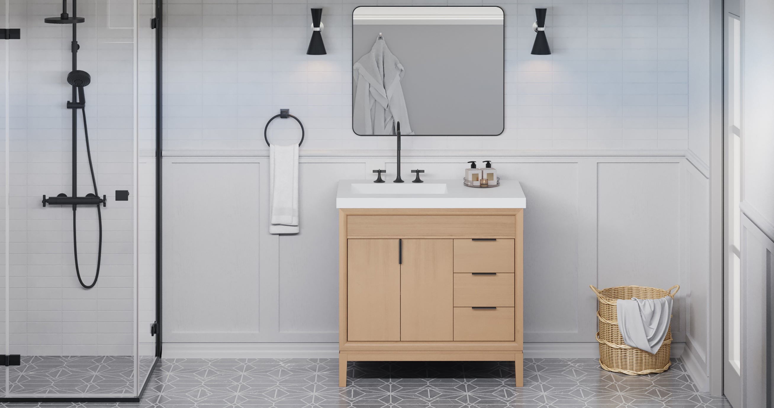 Theodora 36" Single Bathroom Vanity Set Natural Oak, White Resin Vanity Top, Rectangle Bowl | KitchBath