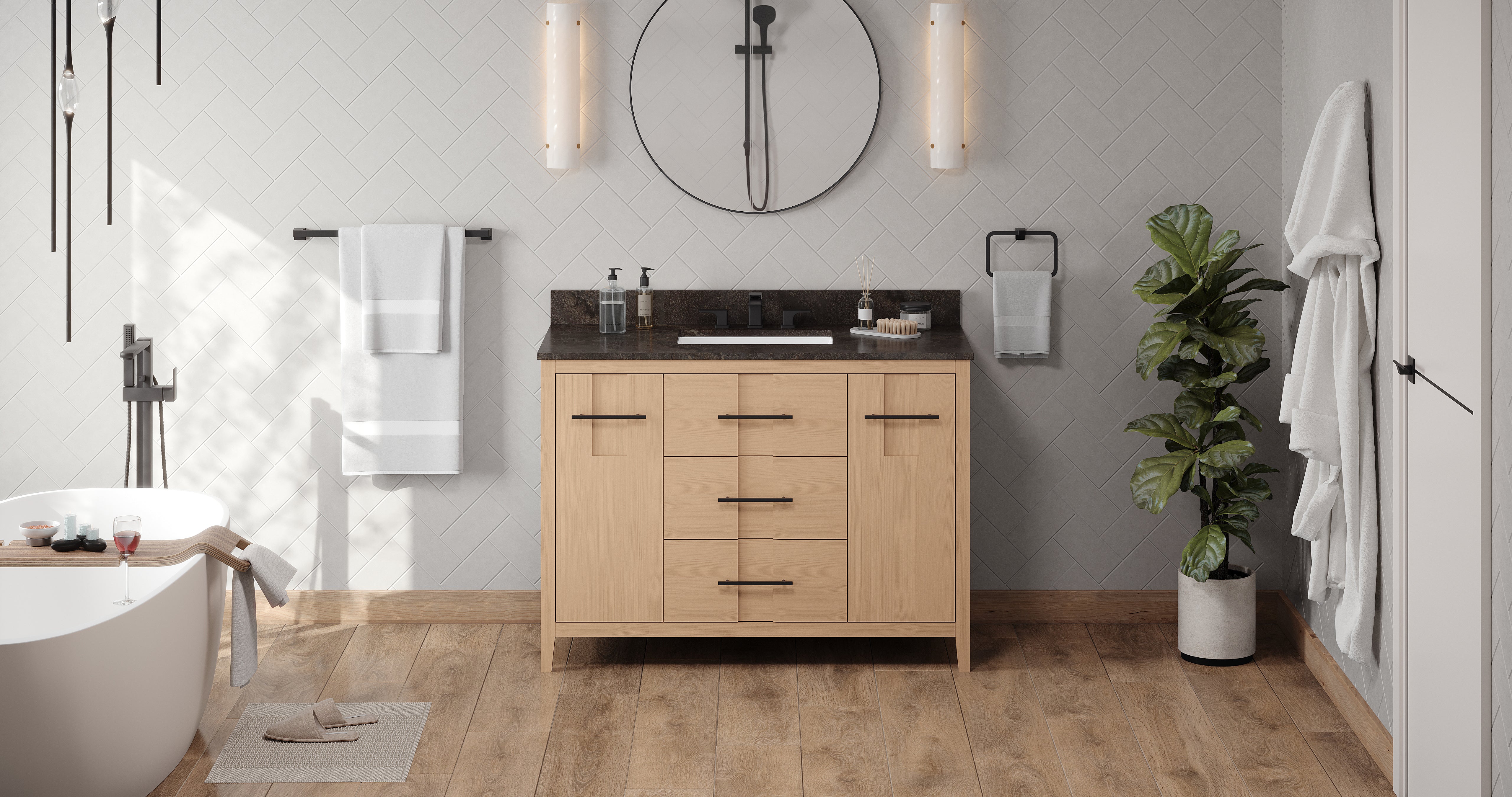 Katara 48" Single Bathroom Vanity Set Natural Oak, Blue Limestone Vanity Top, Rectangle Bowl | KitchBath