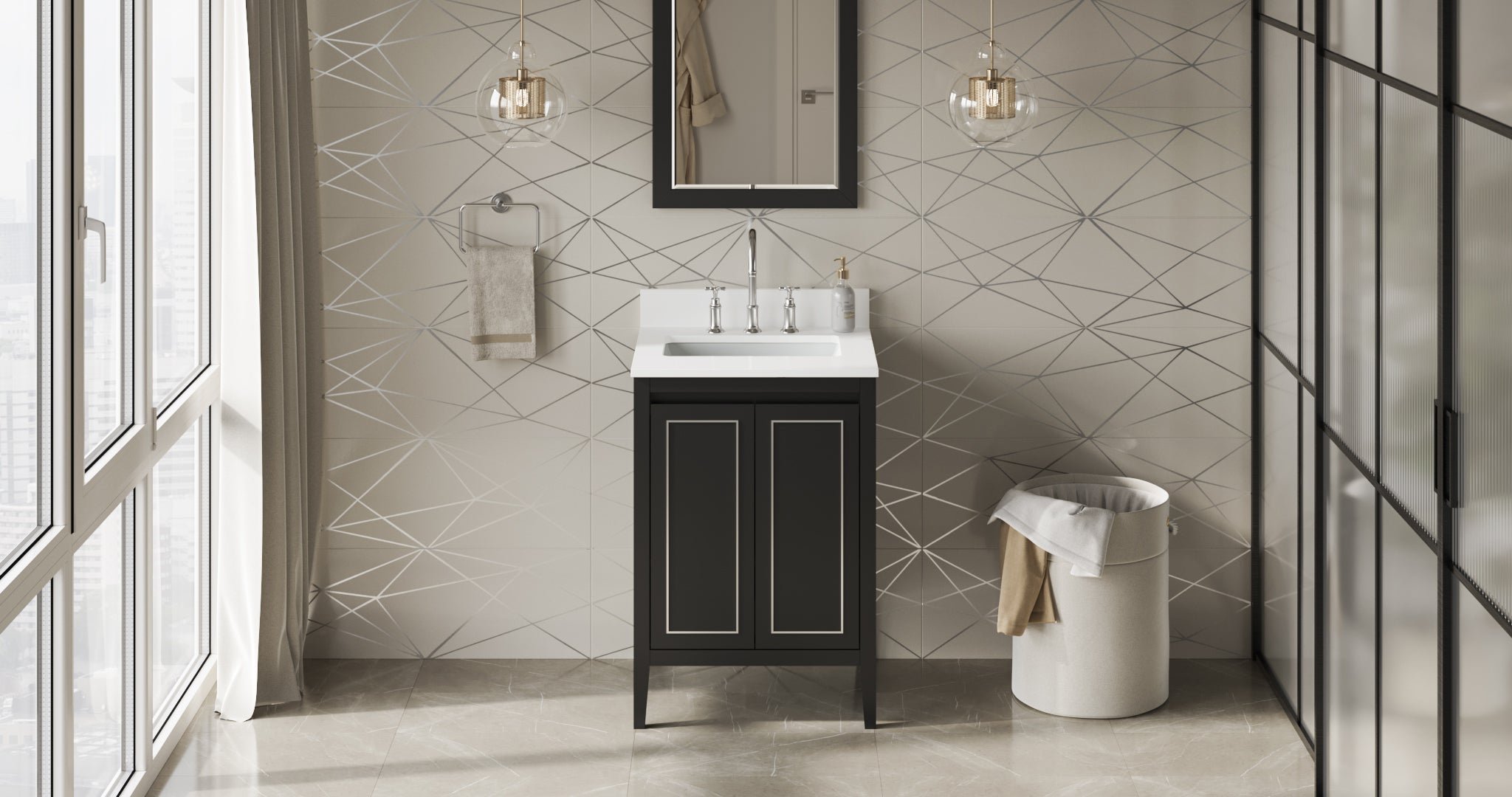 Percival 24" Black Percival Vanity, White Quartz Vanity Top, Undermount Rectangle Bowl | KitchBath