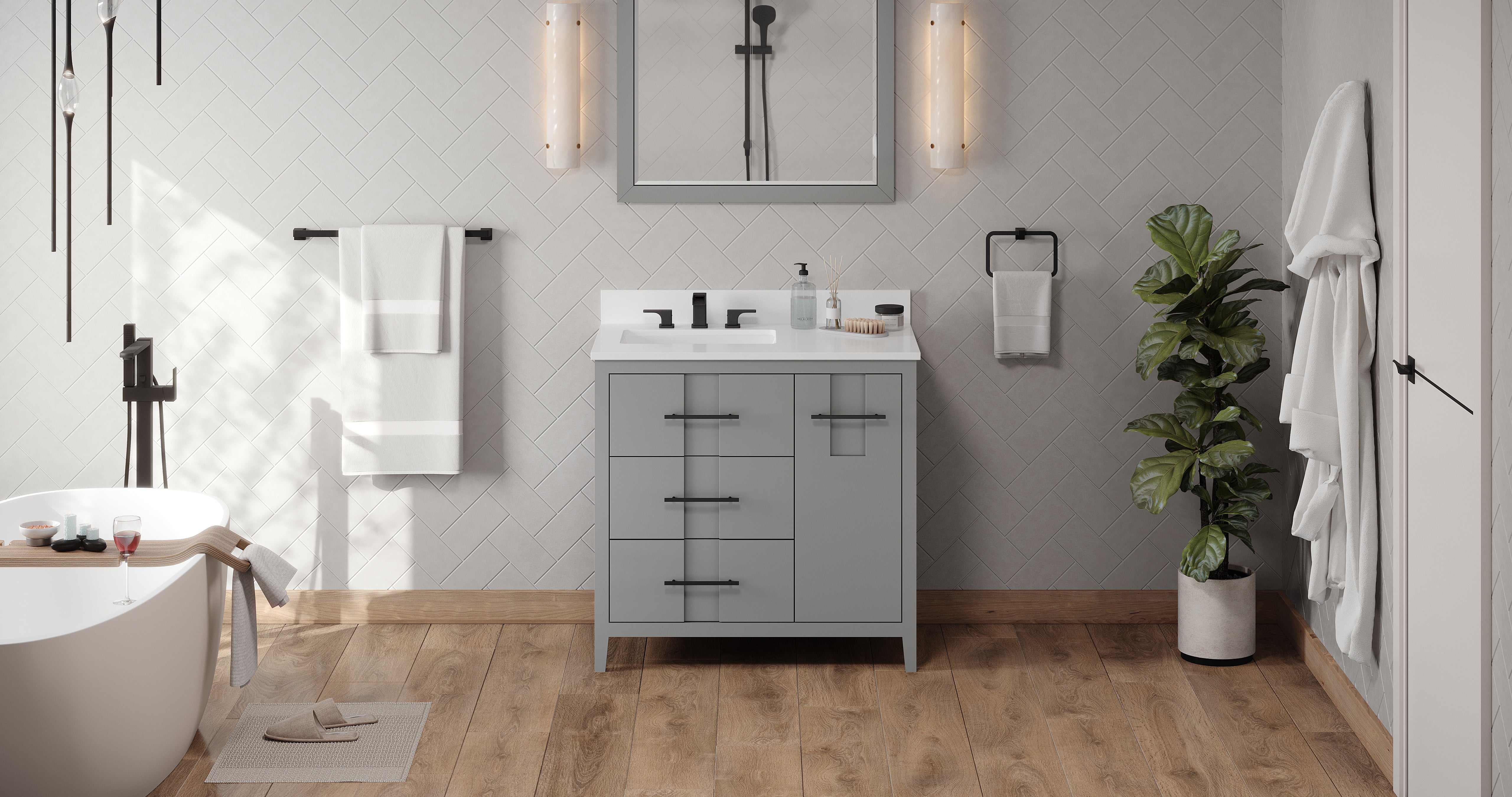 Katara 36" Grey Katara Vanity, Left Offset, White Quartz Vanity Top, Undermount Rectangle Bowl | KitchBath