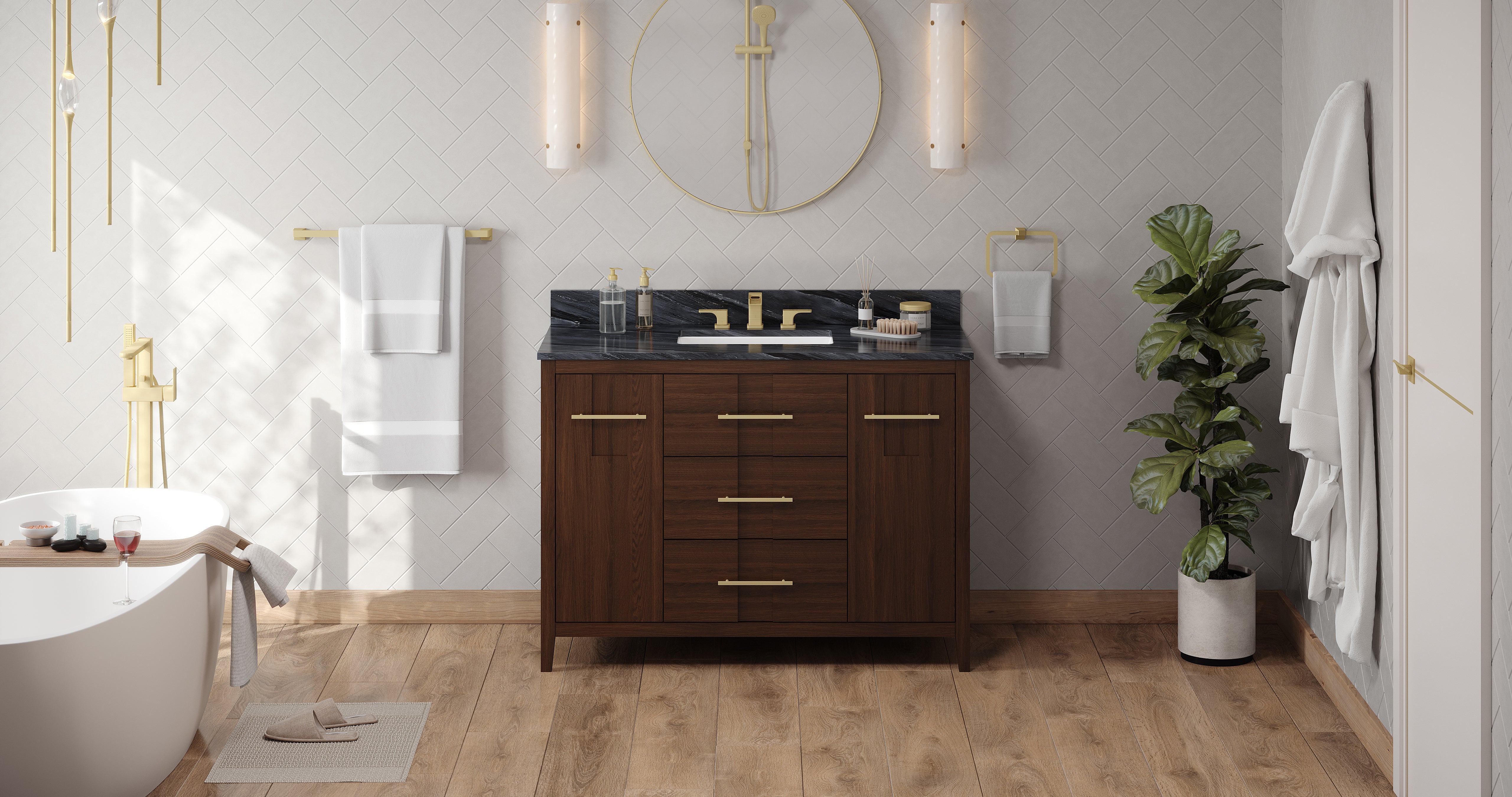 Katara 48" Single Bathroom Vanity Set Dark Walnut, Grey Marble Vanity Top, Rectangle Bowl | KitchBath