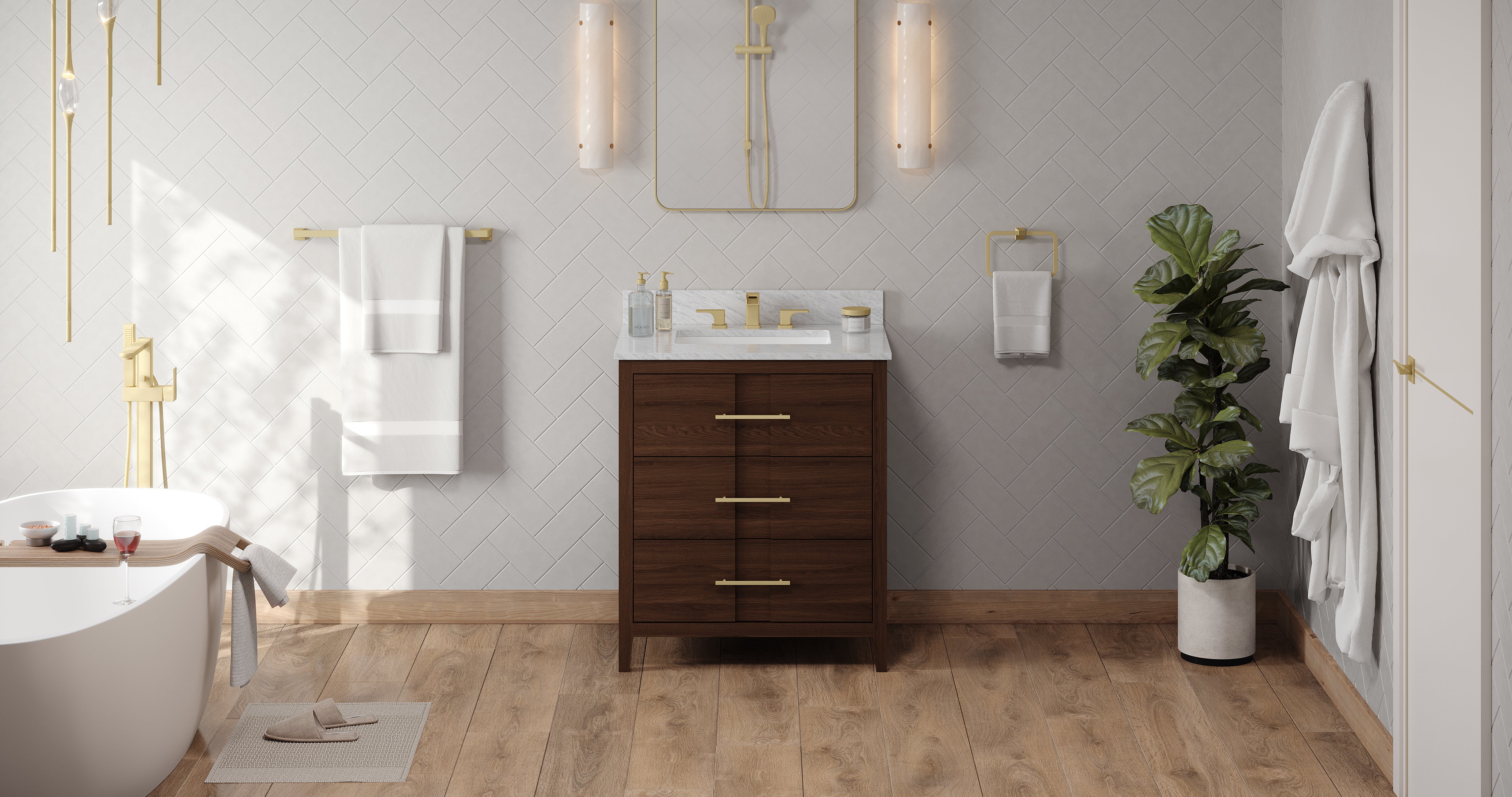 Katara 30" Single Bathroom Vanity Set Dark Walnut, White Carrara Marble Vanity Top, Rectangle Bowl | KitchBath