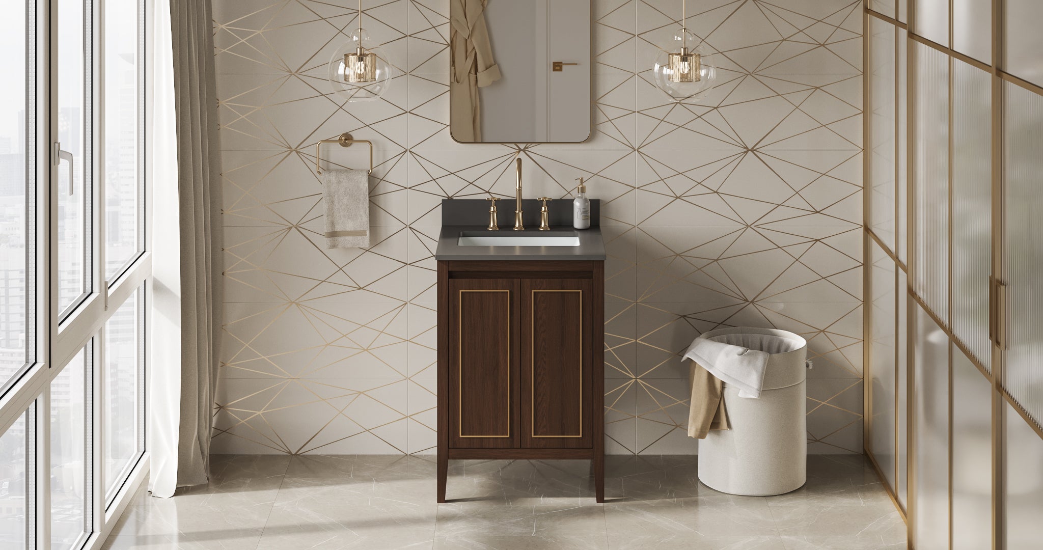 Percival 24" Single Bathroom Vanity Set Dark Walnut, Grey Quartz Vanity Top, Rectangle Bowl | KitchBath