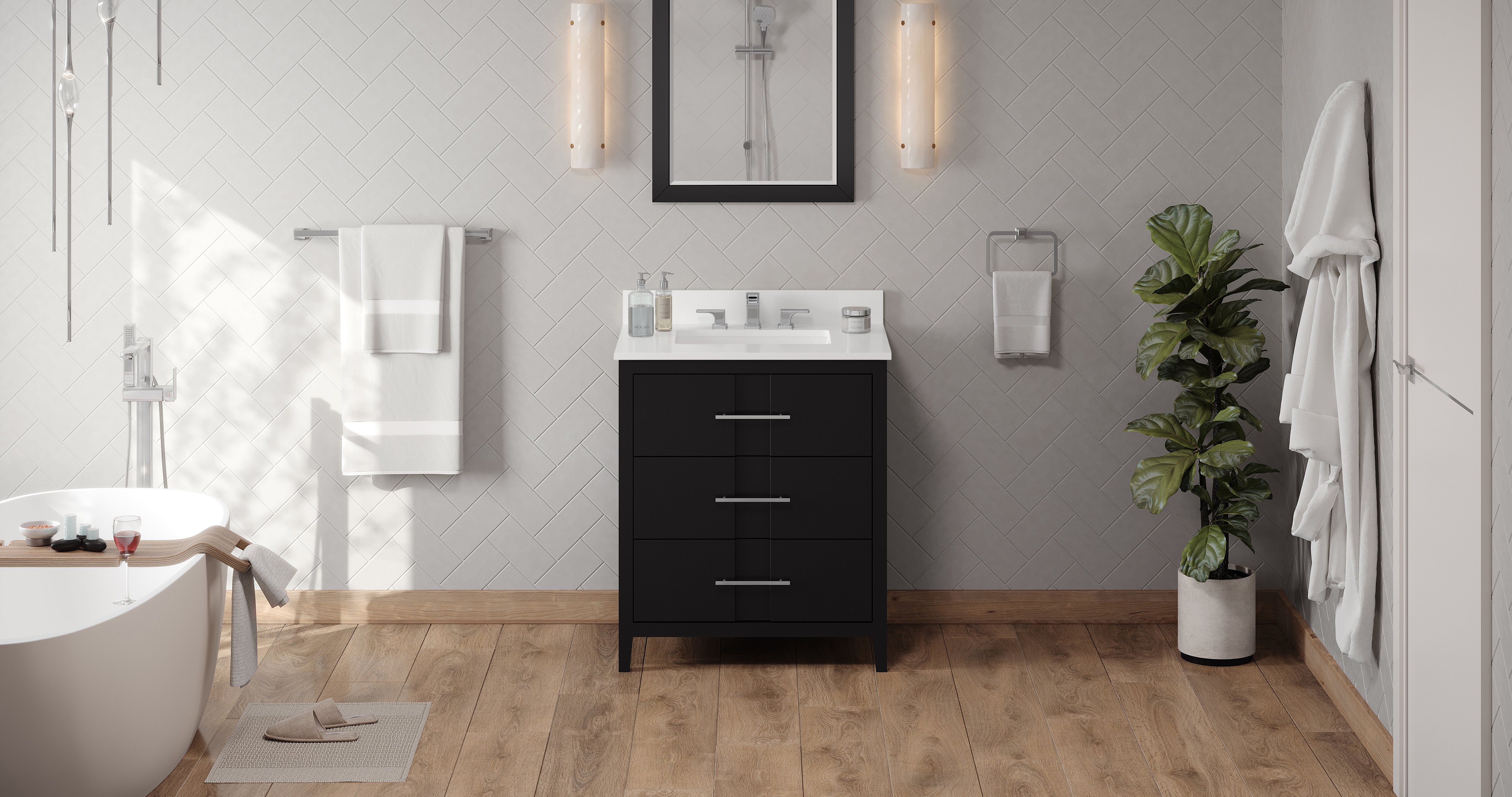 Katara 30" Black Katara Vanity, White Quartz Vanity Top, Undermount Rectangle Bowl | KitchBath