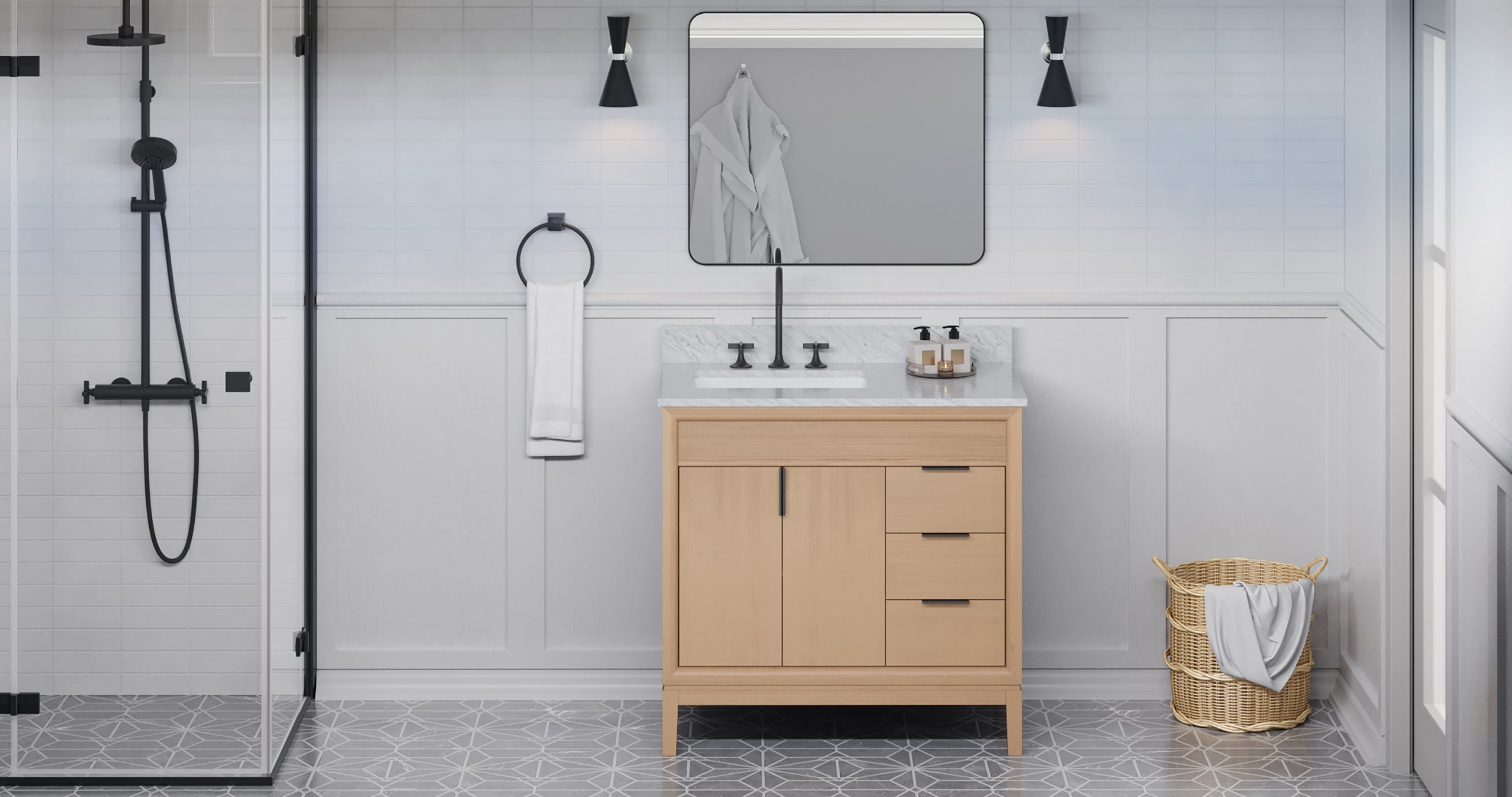 Theodora 36" Single Bathroom Vanity Set Natural Oak, White Carrara Marble Vanity Top, Rectangle Bowl | KitchBath
