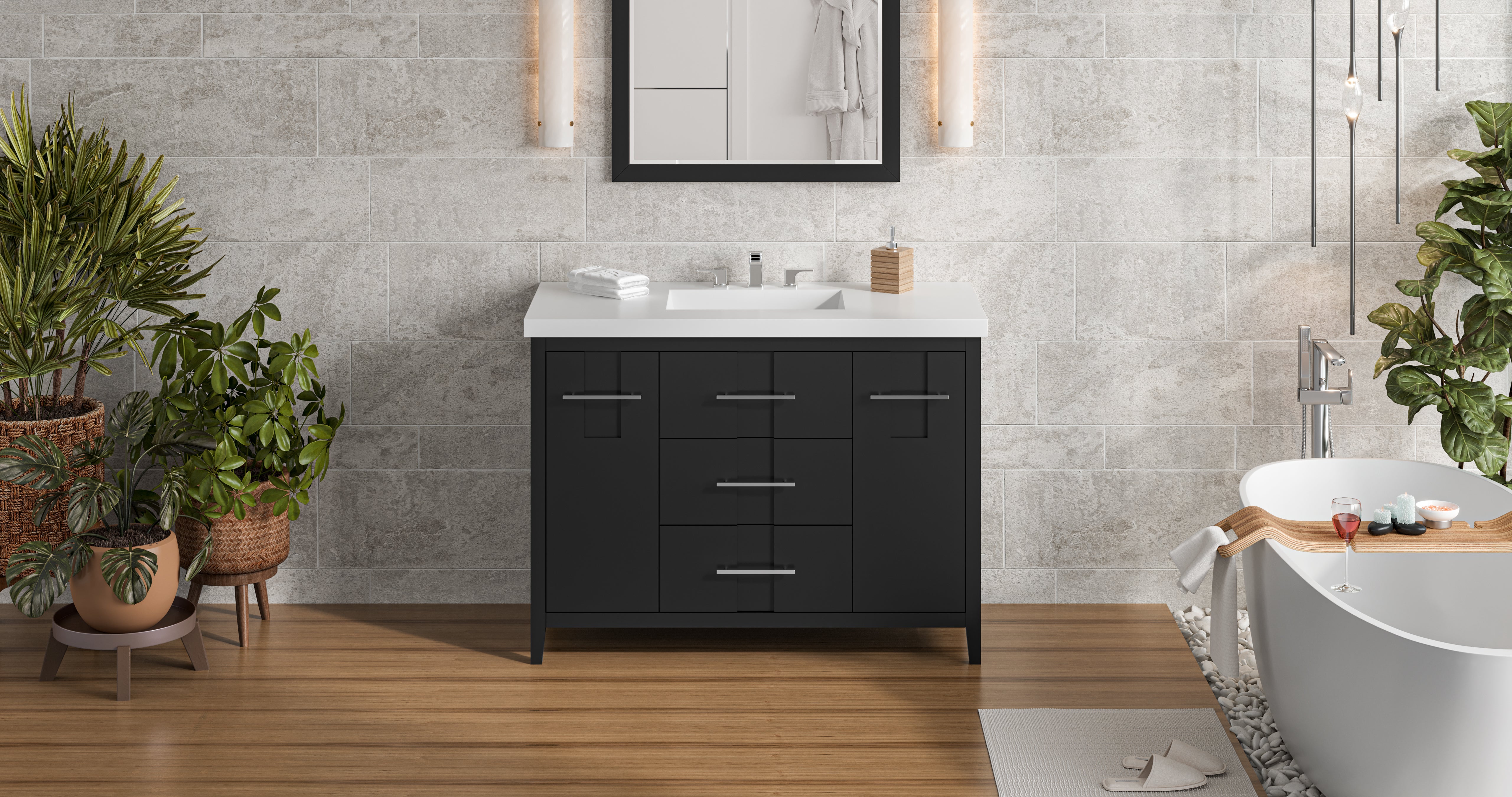 Katara 48" Single Bathroom Vanity Set Black, White Resin Vanity Top, Rectangle Bowl | KitchBath