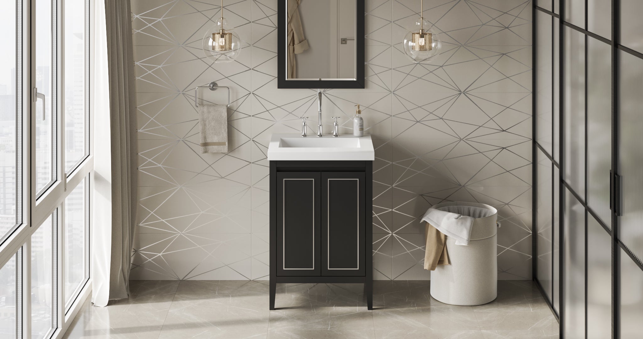 Percival 24" Single Bathroom Vanity Set Black, White Resin Vanity Top, Rectangle Bowl | KitchBath