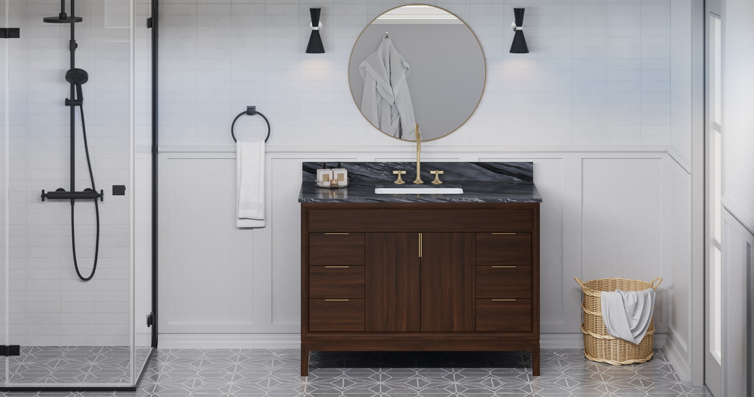 Theodora 48" Single Bathroom Vanity Set Dark Walnut, Grey Marble Vanity Top, Rectangle Bowl | KitchBath