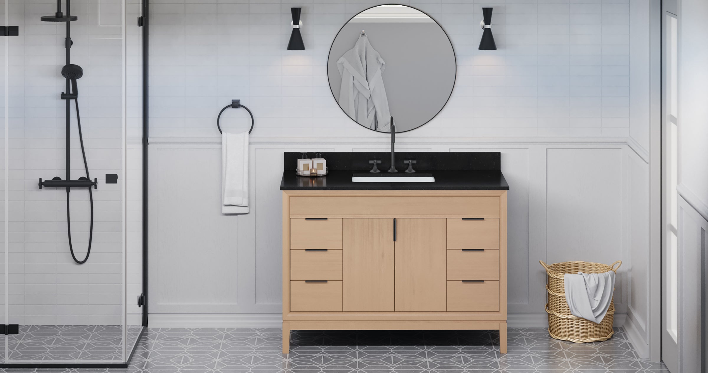 Theodora 48" Single Bathroom Vanity Set Natural Oak, Black Granite Vanity Top, Rectangle Bowl | KitchBath