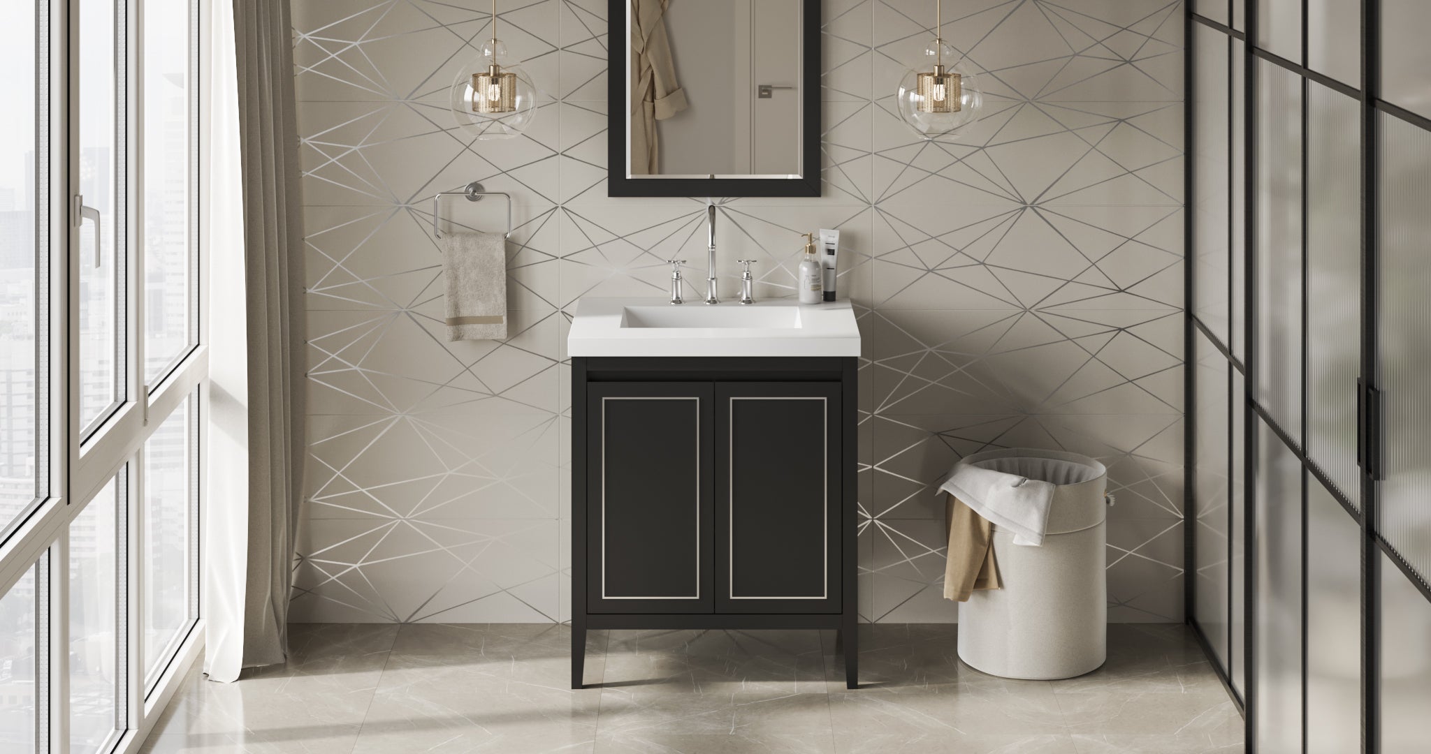 Percival 30" Single Bathroom Vanity Set Black, White Resin Vanity Top, Rectangle Bowl | KitchBath