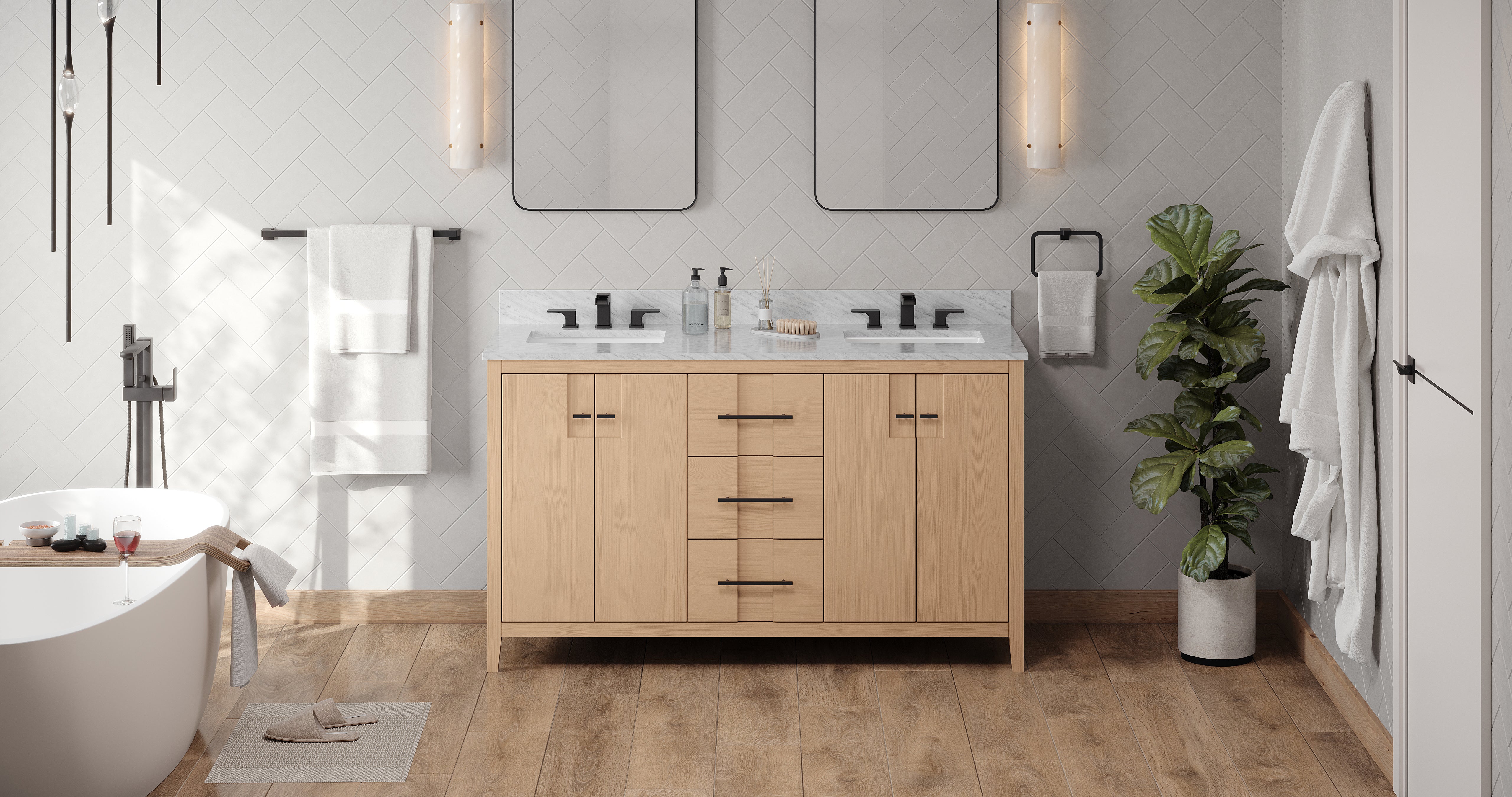 Katara 60" Double Bathroom Vanity Set Natural Oak, White Carrara Marble Vanity Top, Rectangle Bowl | KitchBath
