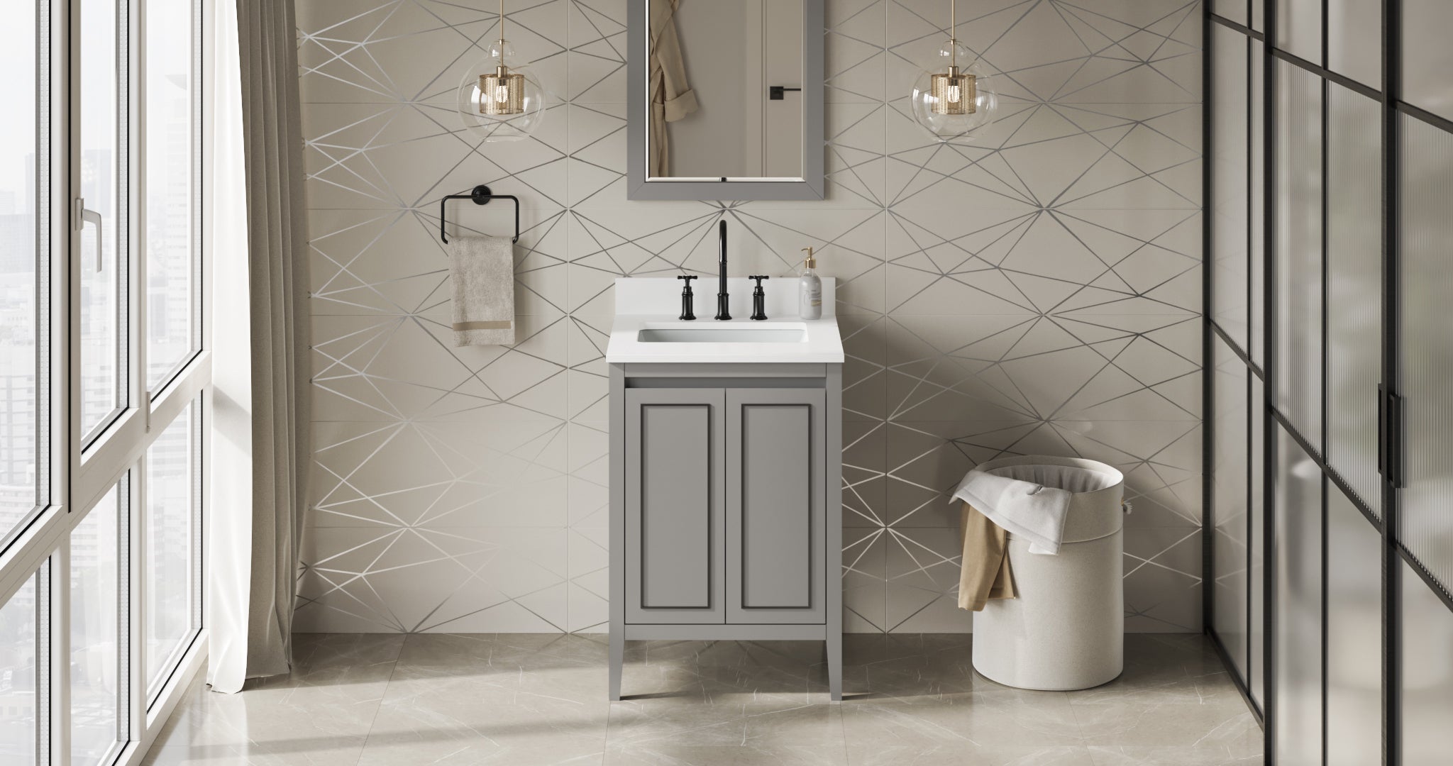Percival 24" Grey Percival Vanity, White Quartz Vanity Top, Undermount Rectangle Bowl | KitchBath