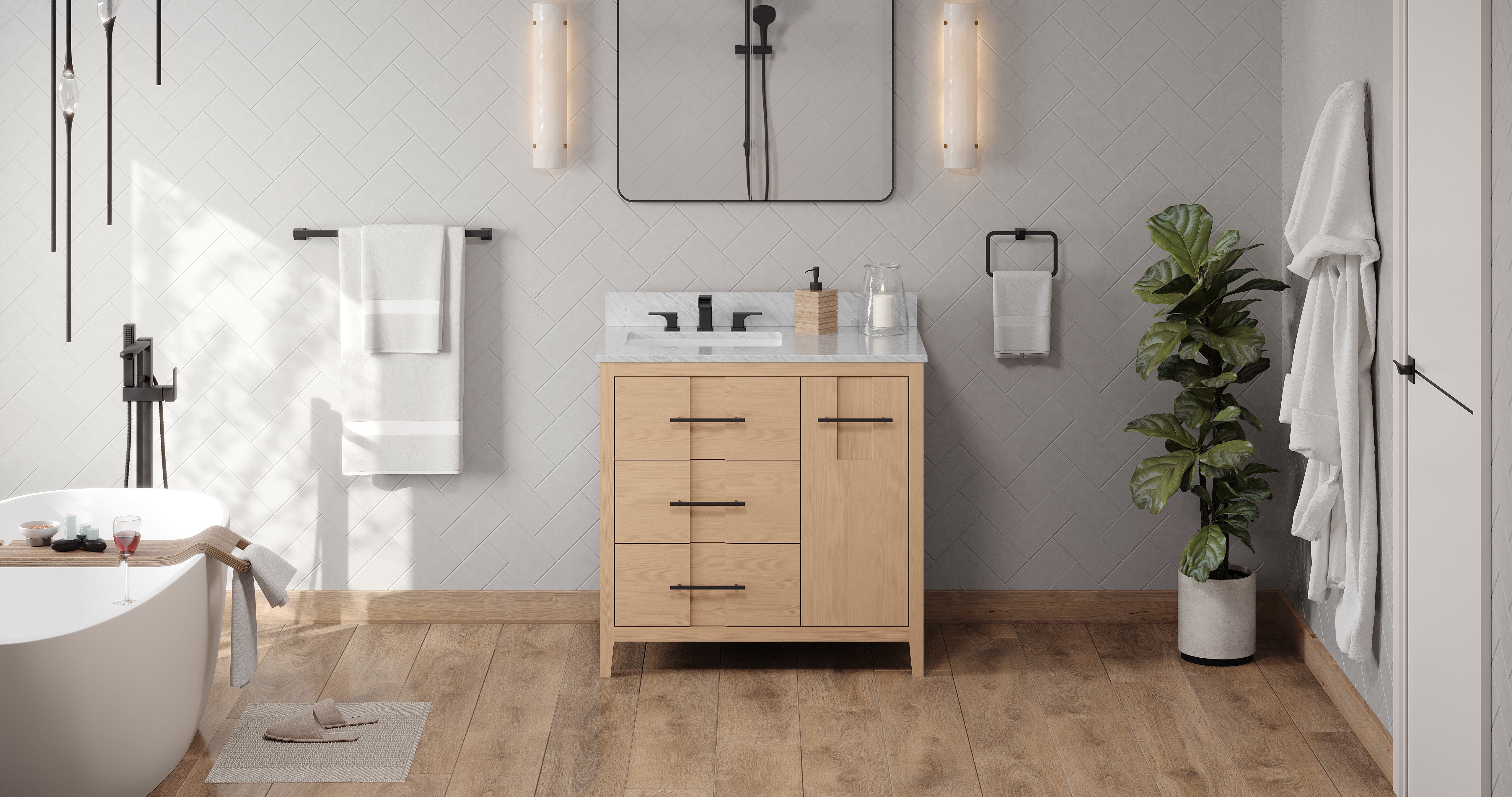 Katara 36" Single Bathroom Vanity Set Natural Oak, White Carrara Marble Vanity Top, Rectangle Bowl | KitchBath
