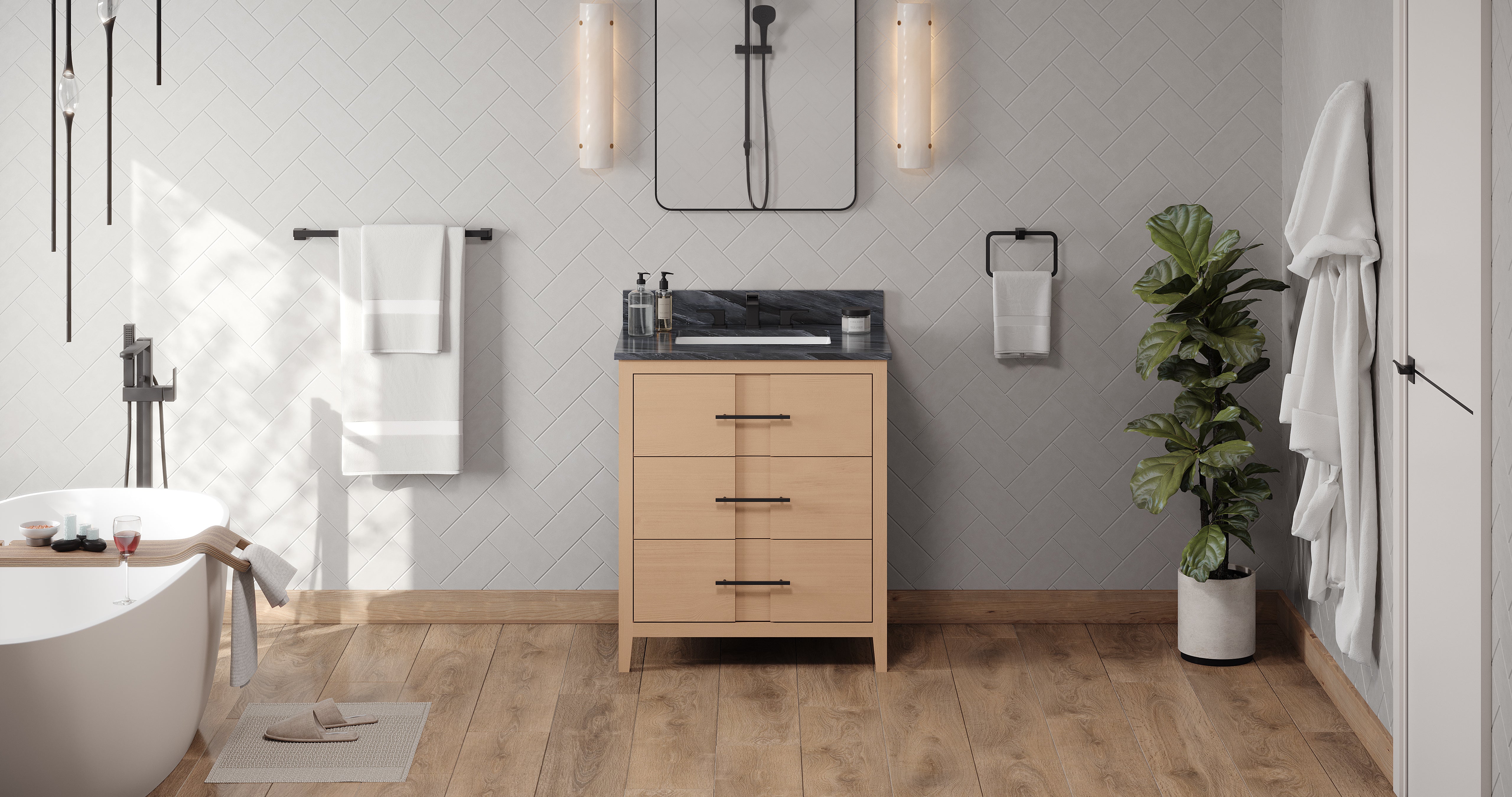 Katara 30" Single Bathroom Vanity Set Natural Oak, Blue Limestone Vanity Top, Rectangle Bowl | KitchBath