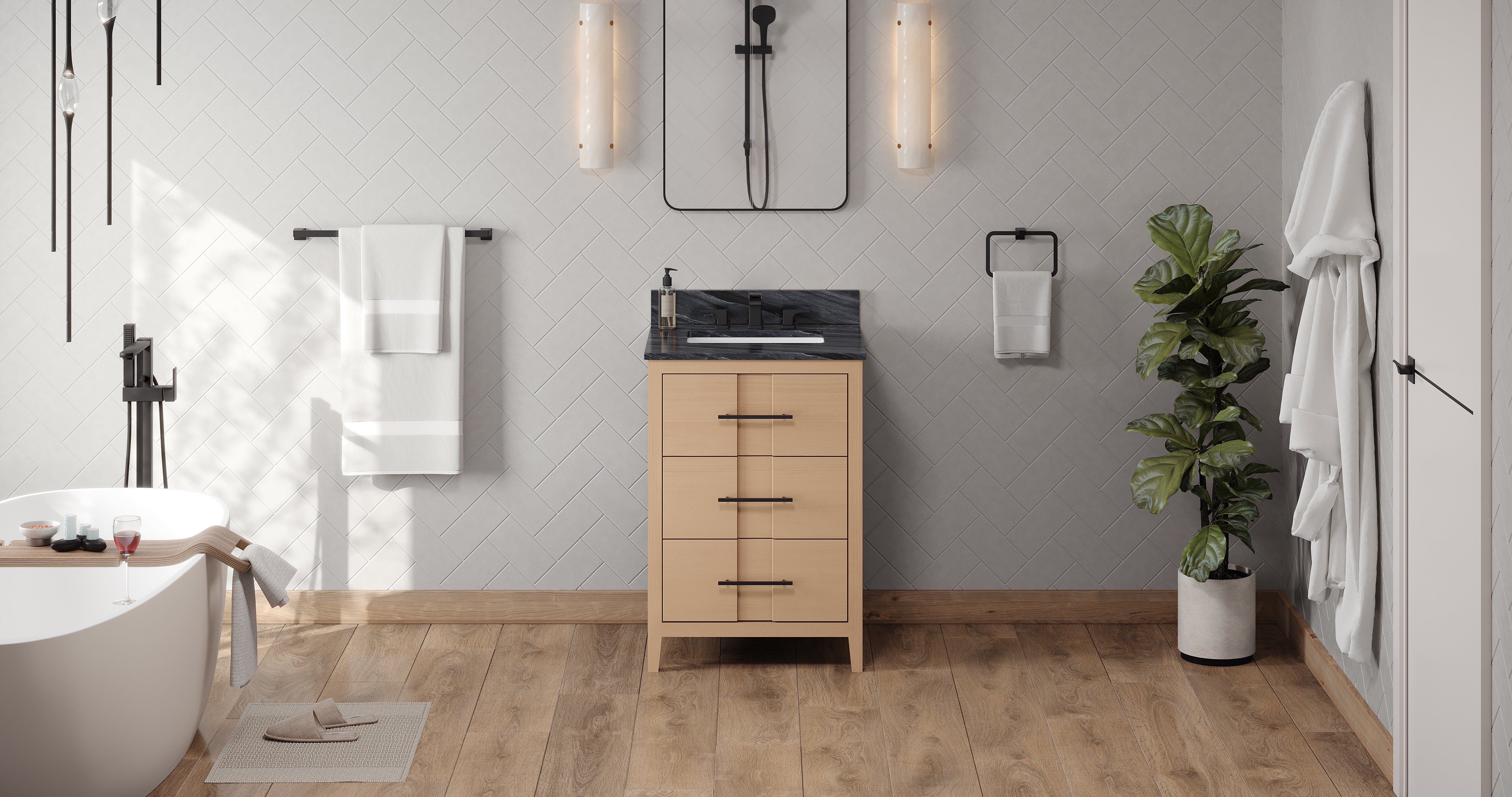 Katara 24" Single Bathroom Vanity Set Natural Oak, Grey Marble Vanity Top, Rectangle Bowl | KitchBath