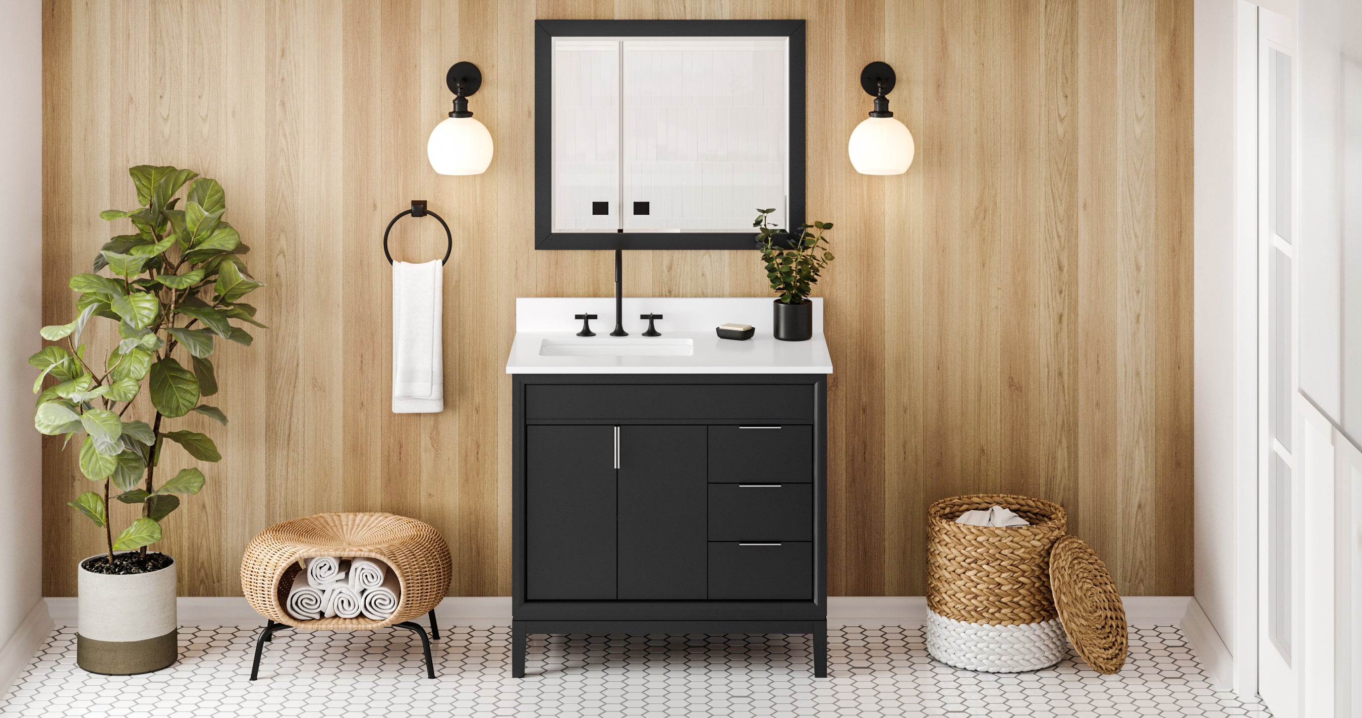 Theodora 36" Black Theodora Vanity, Left Offset, White Quartz Vanity Top, Undermount Rectangle Bowl | KitchBath