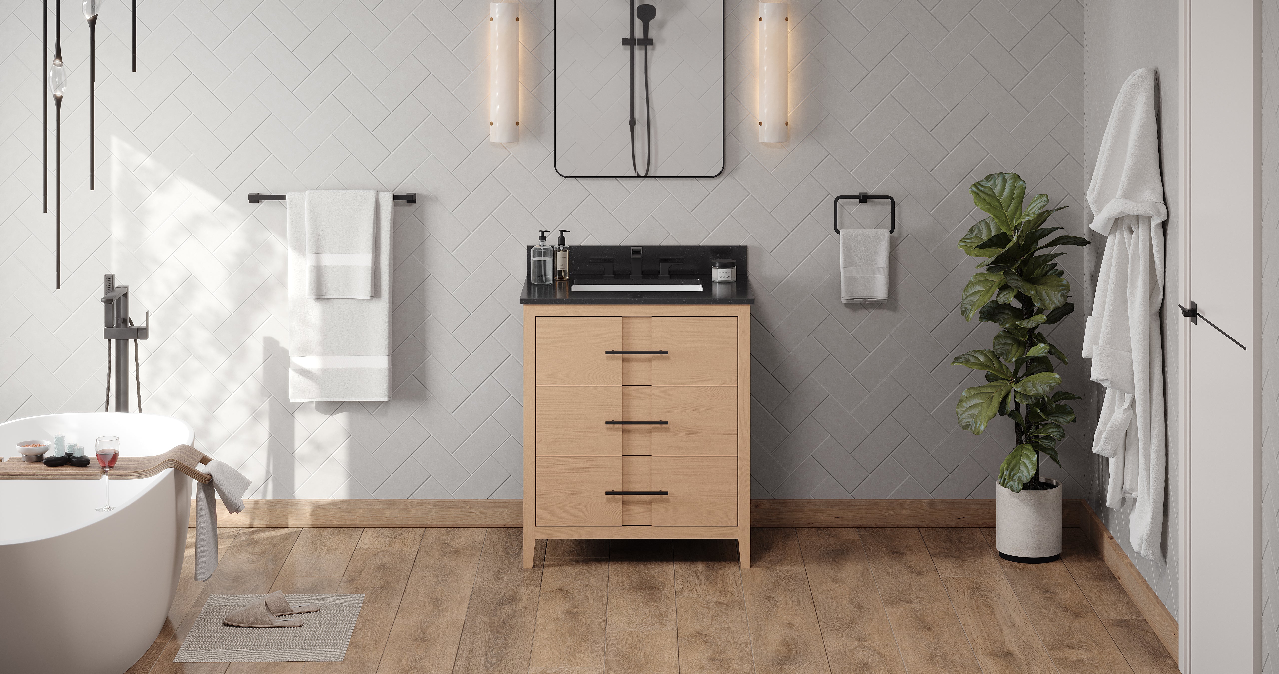 Katara 30" Single Bathroom Vanity Set Natural Oak, Black Granite Vanity Top, Rectangle Bowl | KitchBath