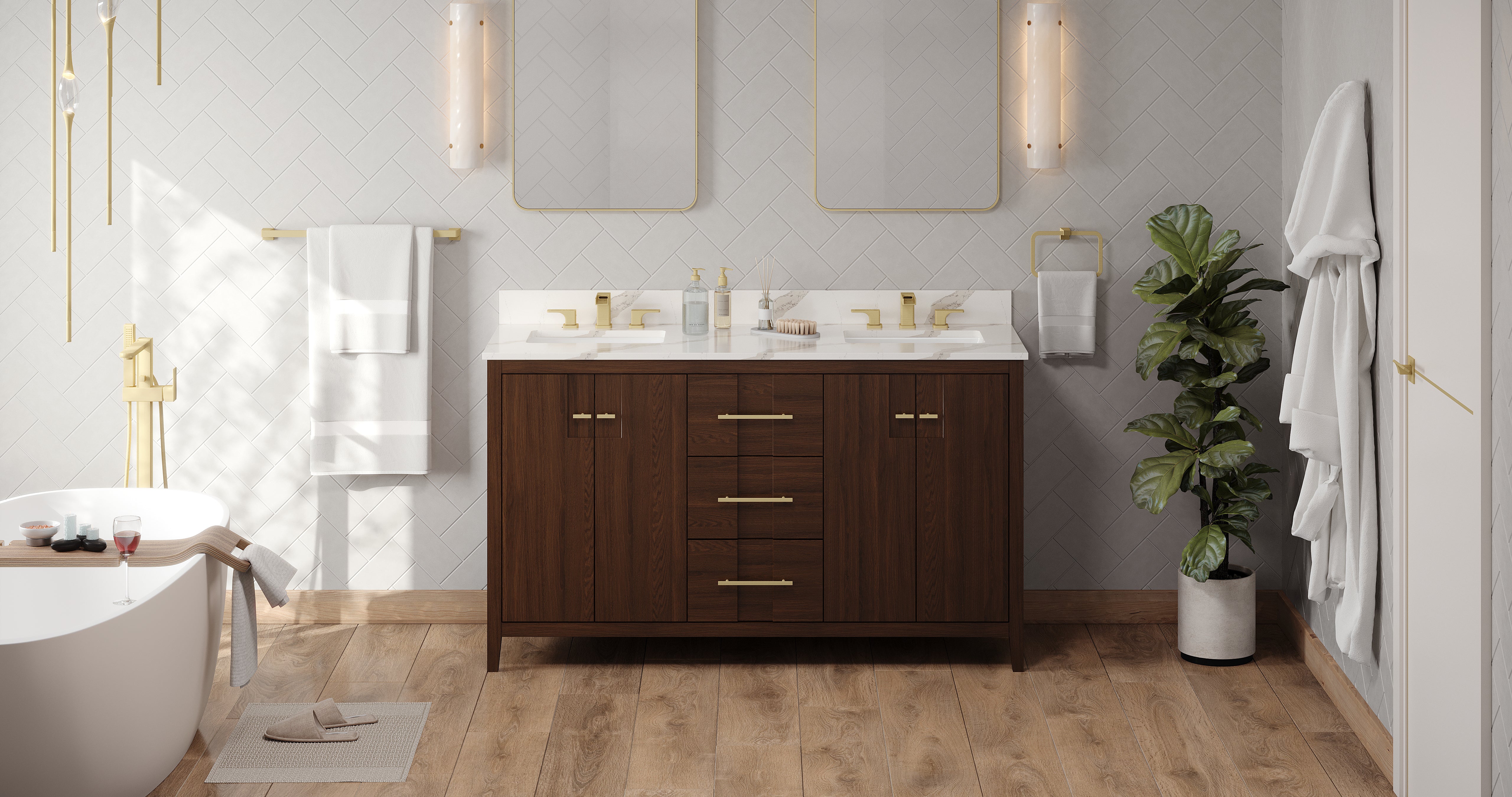Katara 60" Double Bathroom Vanity Set Dark Walnut, Calacatta Vienna Quartz Vanity Top, Rectangle Bowl | KitchBath