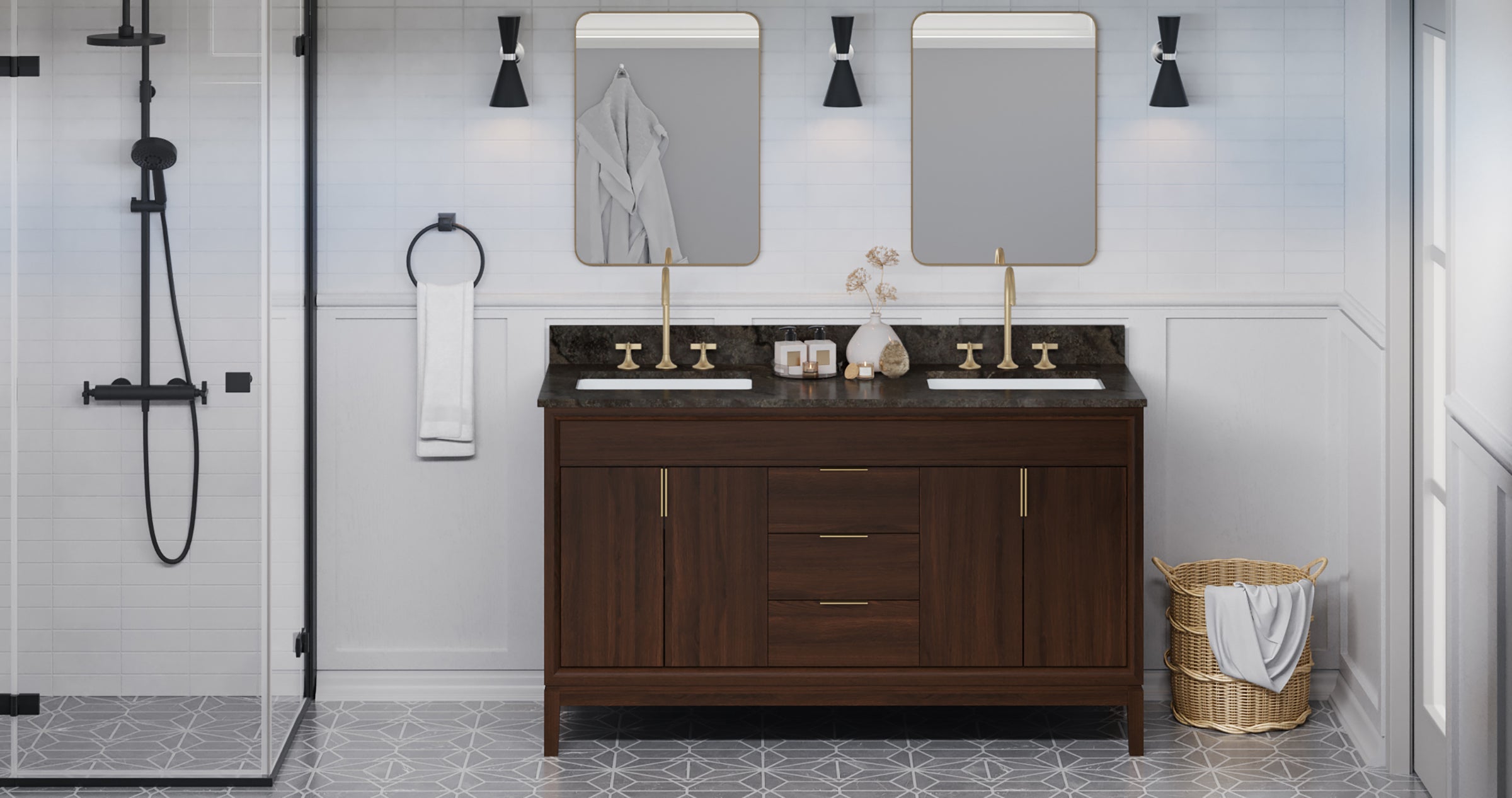 Theodora 60" Double Bathroom Vanity Set Dark Walnut, Blue Limestone Vanity Top, Rectangle Bowl | KitchBath