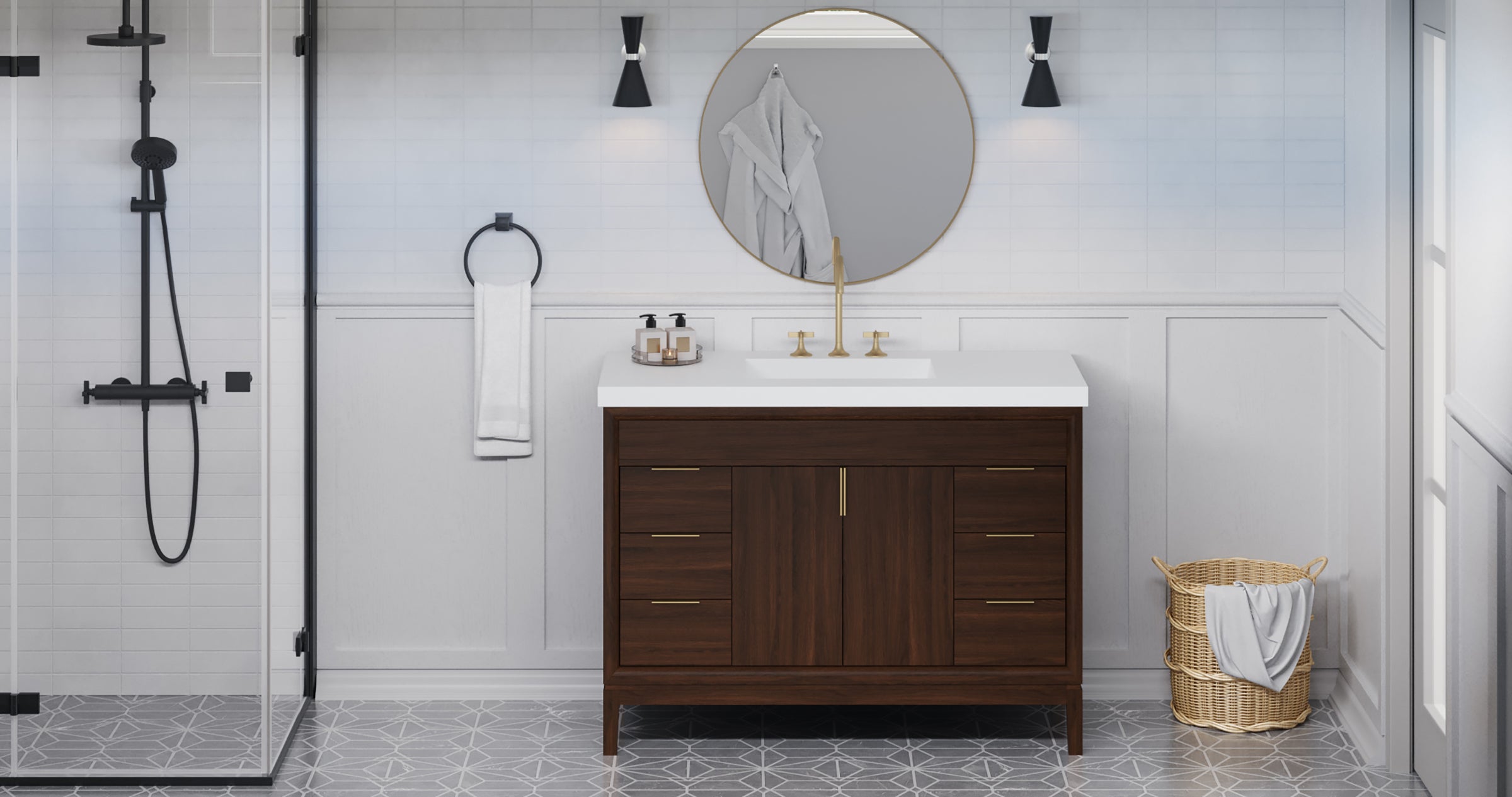 Theodora 48" Single Bathroom Vanity Set Dark Walnut, White Resin Vanity Top, Rectangle Bowl | KitchBath