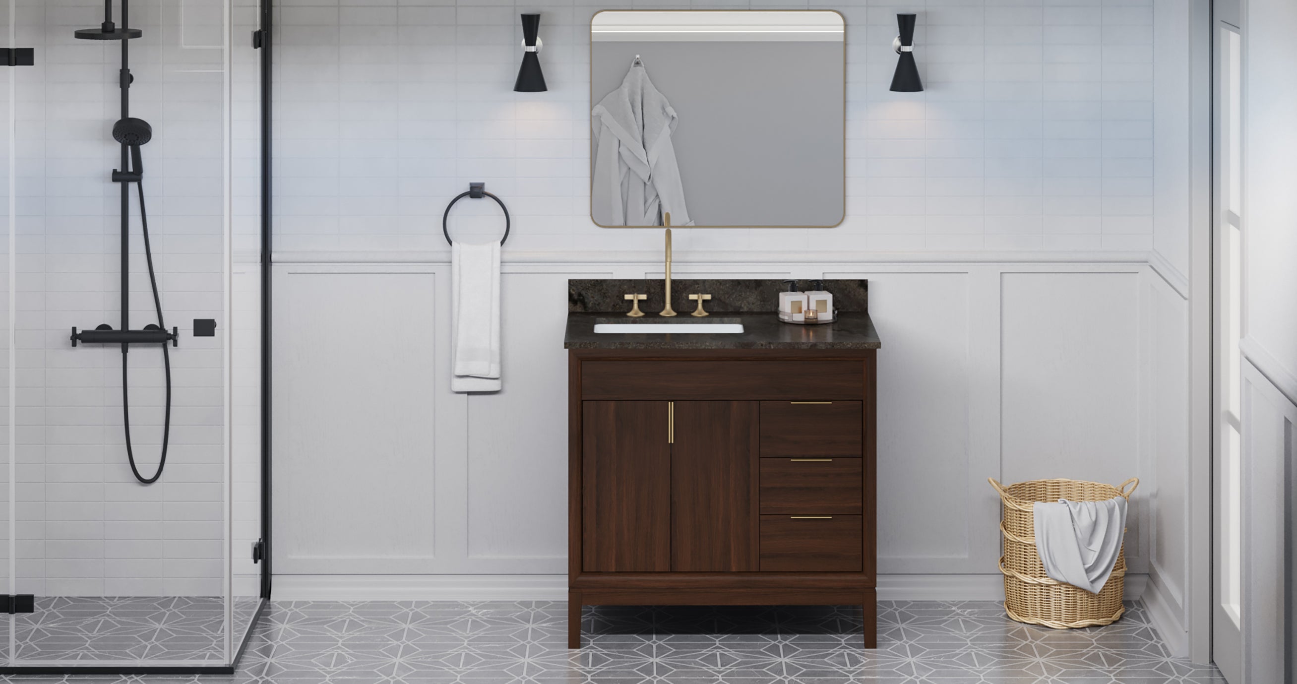 Theodora 36" Single Bathroom Vanity Set Dark Walnut, Blue Limestone Vanity Top, Rectangle Bowl | KitchBath