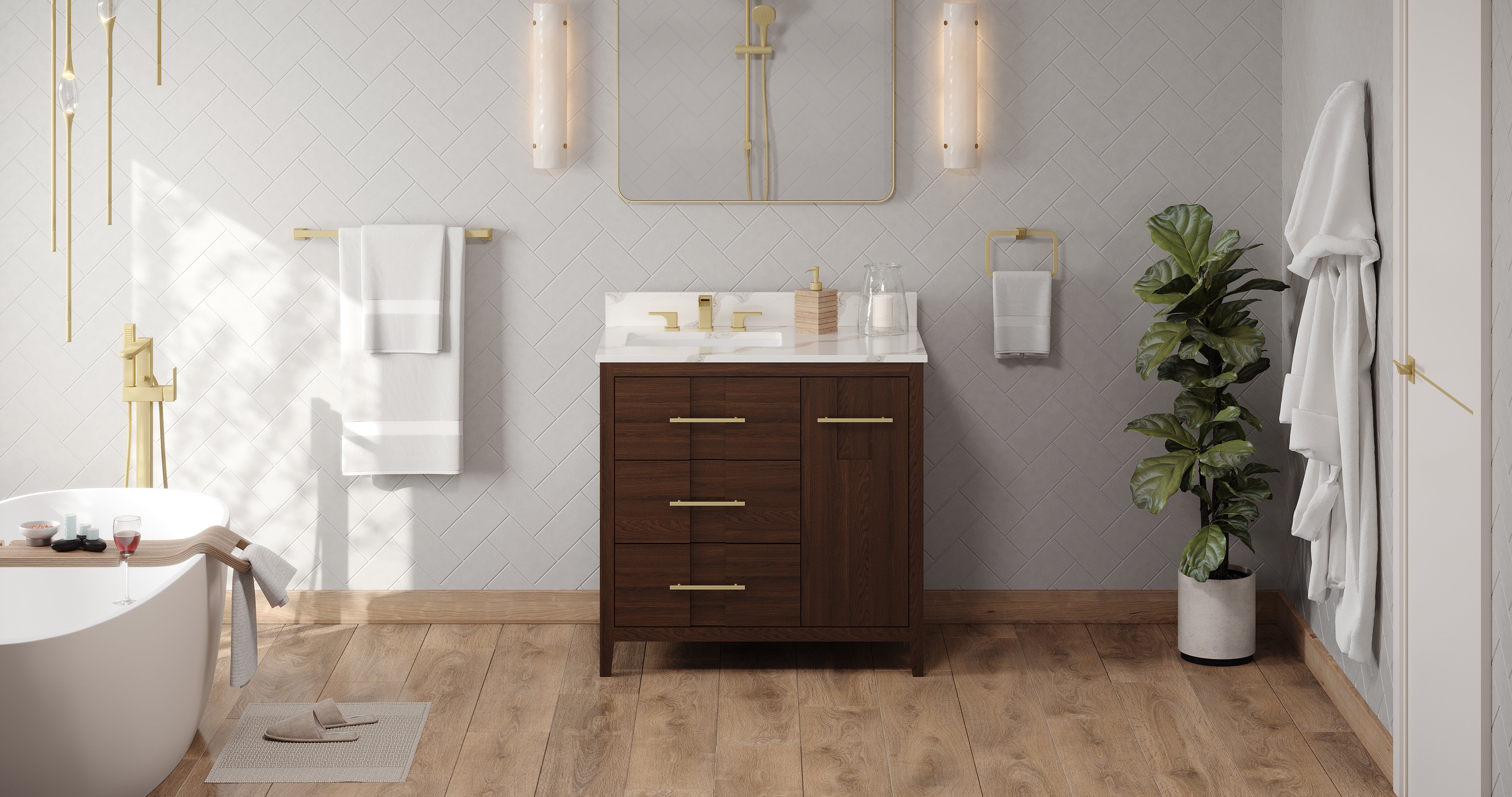 Katara 36" Single Bathroom Vanity Set Dark Walnut, Calacatta Vienna Quartz Vanity Top, Rectangle Bowl | KitchBath