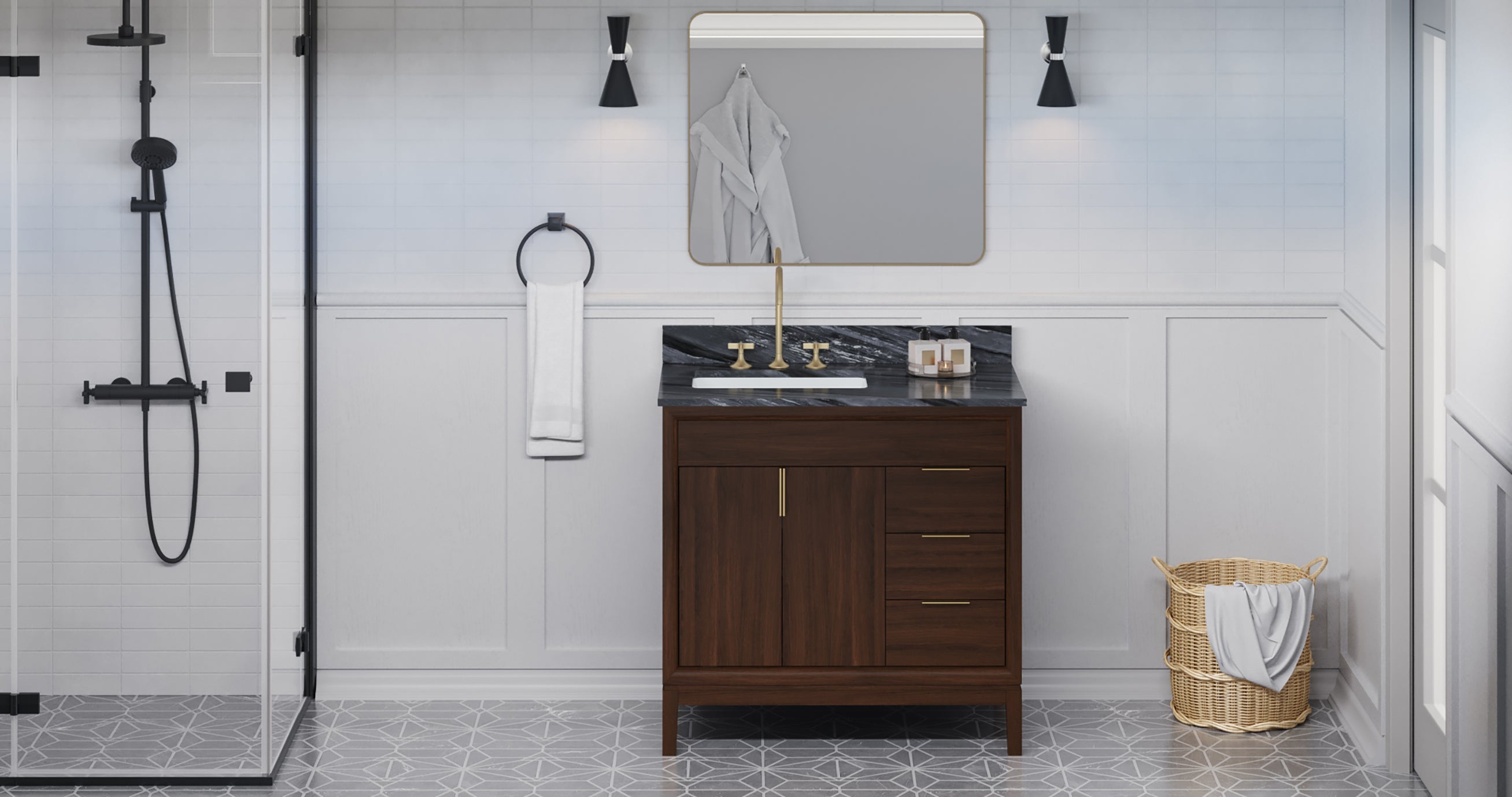 Theodora 36" Single Bathroom Vanity Set Dark Walnut, Grey Marble Vanity Top, Rectangle Bowl | KitchBath