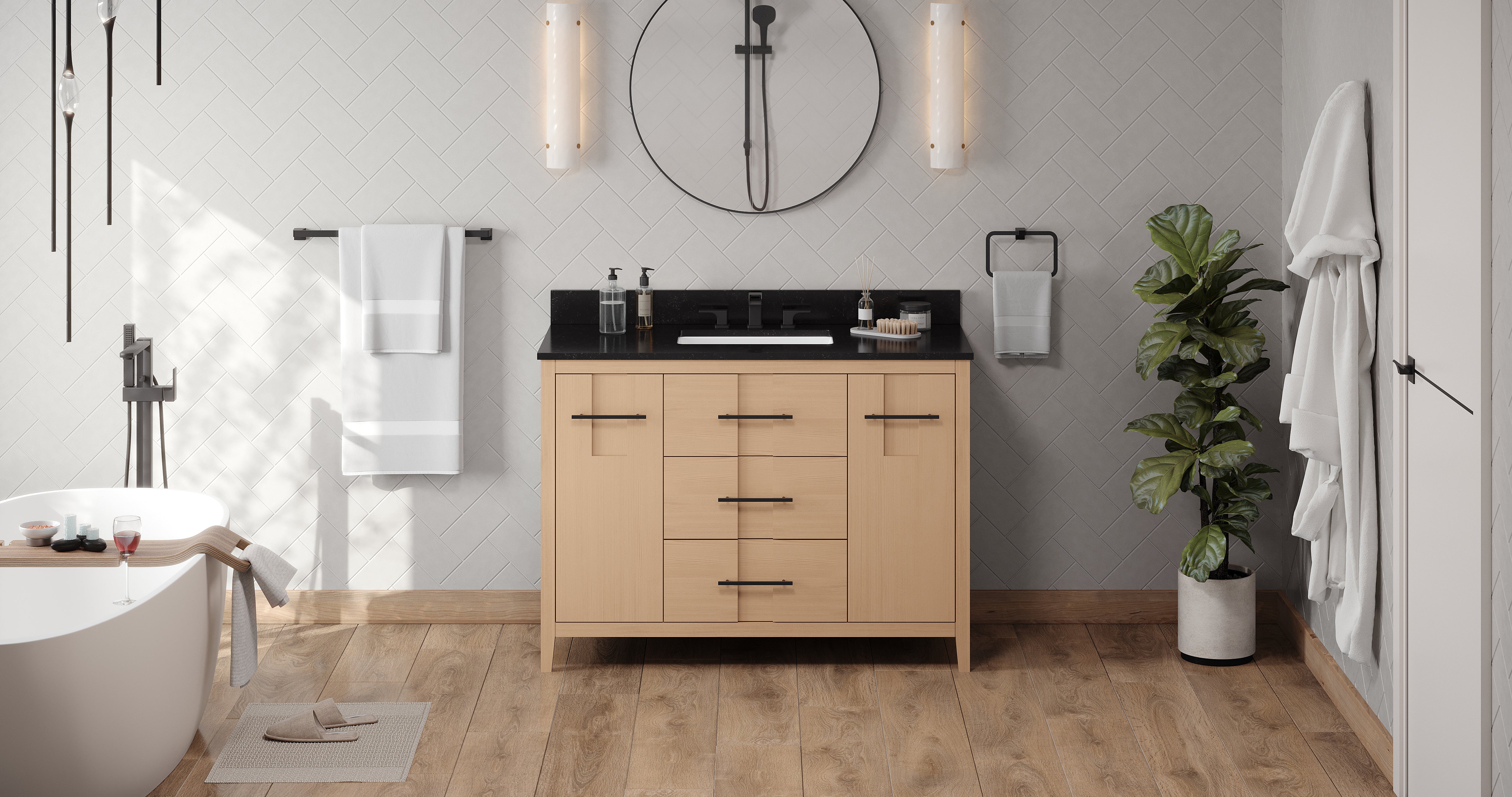 Katara 48" Single Bathroom Vanity Set Natural Oak, Black Granite Vanity Top, Rectangle Bowl | KitchBath