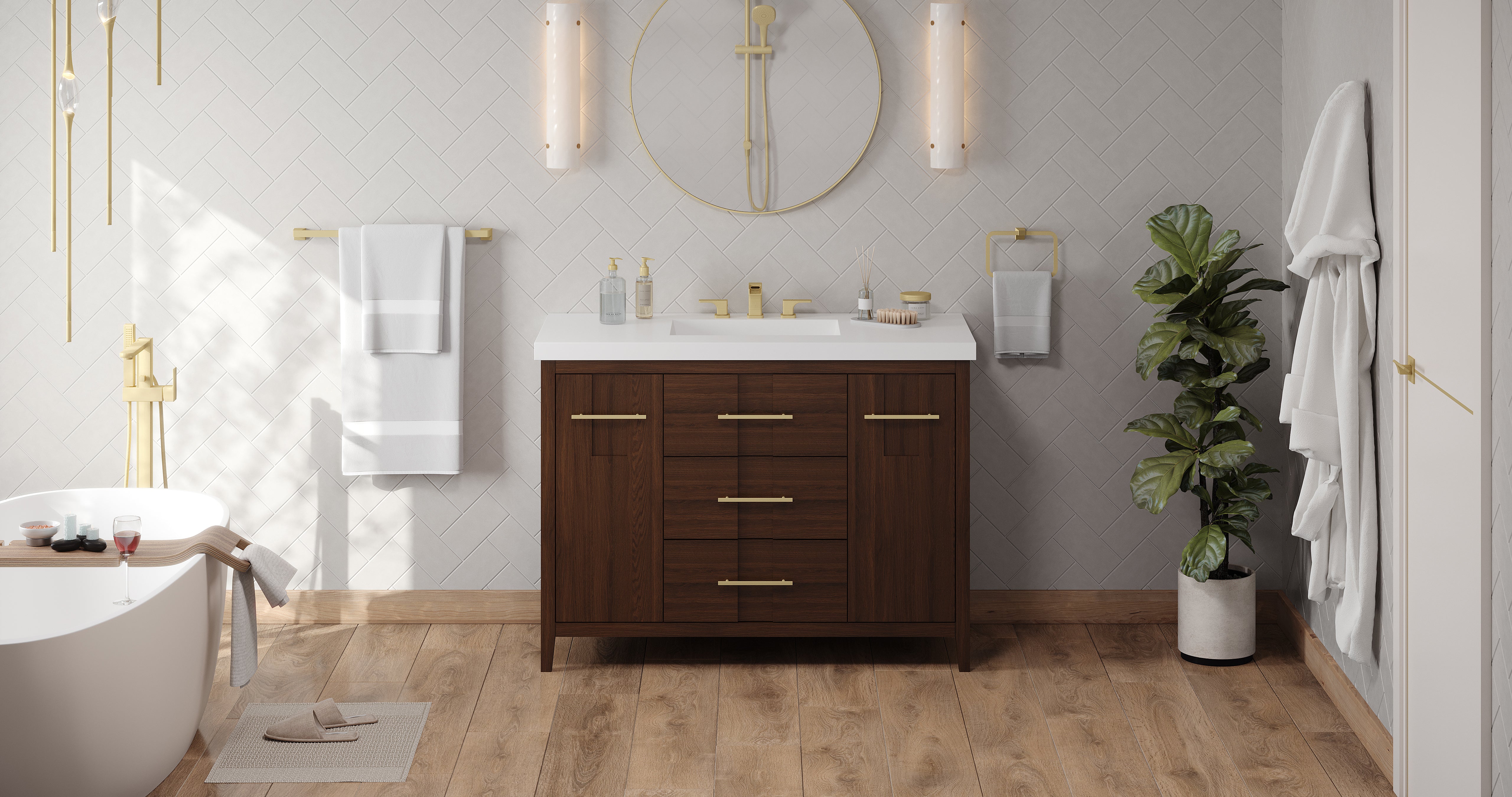 Katara 48" Single Bathroom Vanity Set Dark Walnut, White Resin Vanity Top, Rectangle Bowl | KitchBath