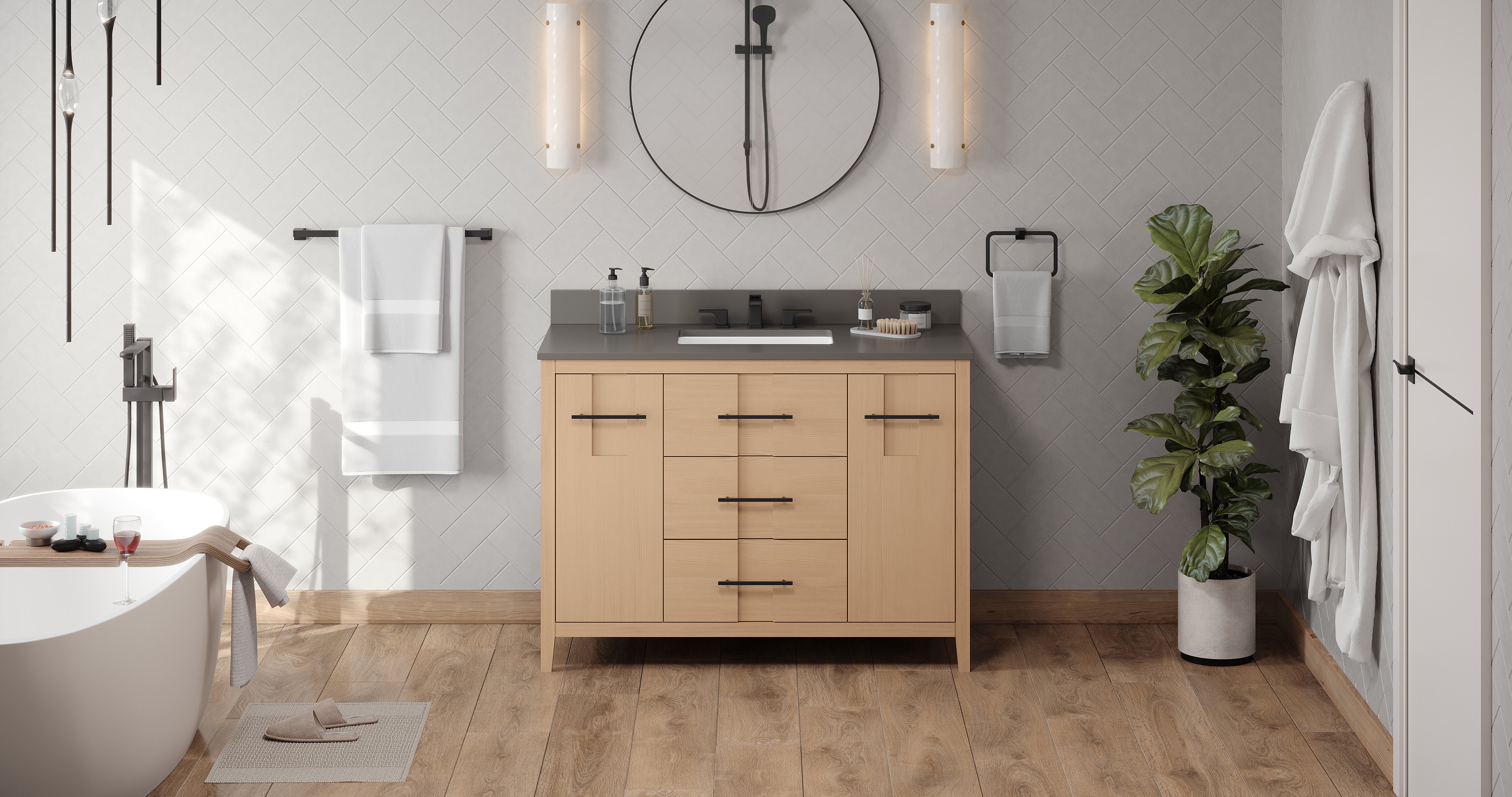 Katara 48" Single Bathroom Vanity Set Natural Oak, Grey Quartz Vanity Top, Rectangle Bowl | KitchBath