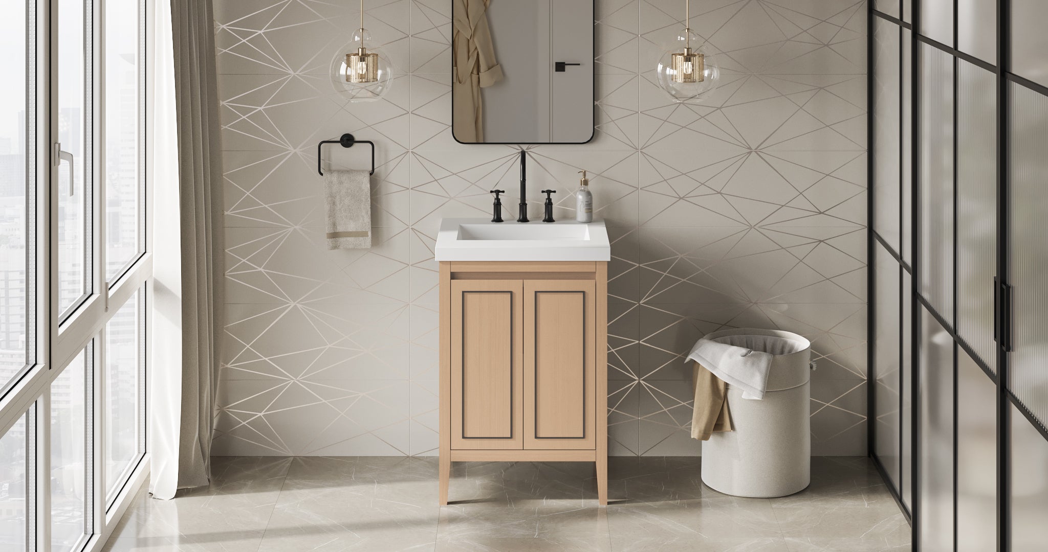 Percival 24" Single Bathroom Vanity Set Natural Oak, White Resin Vanity Top, Rectangle Bowl | KitchBath