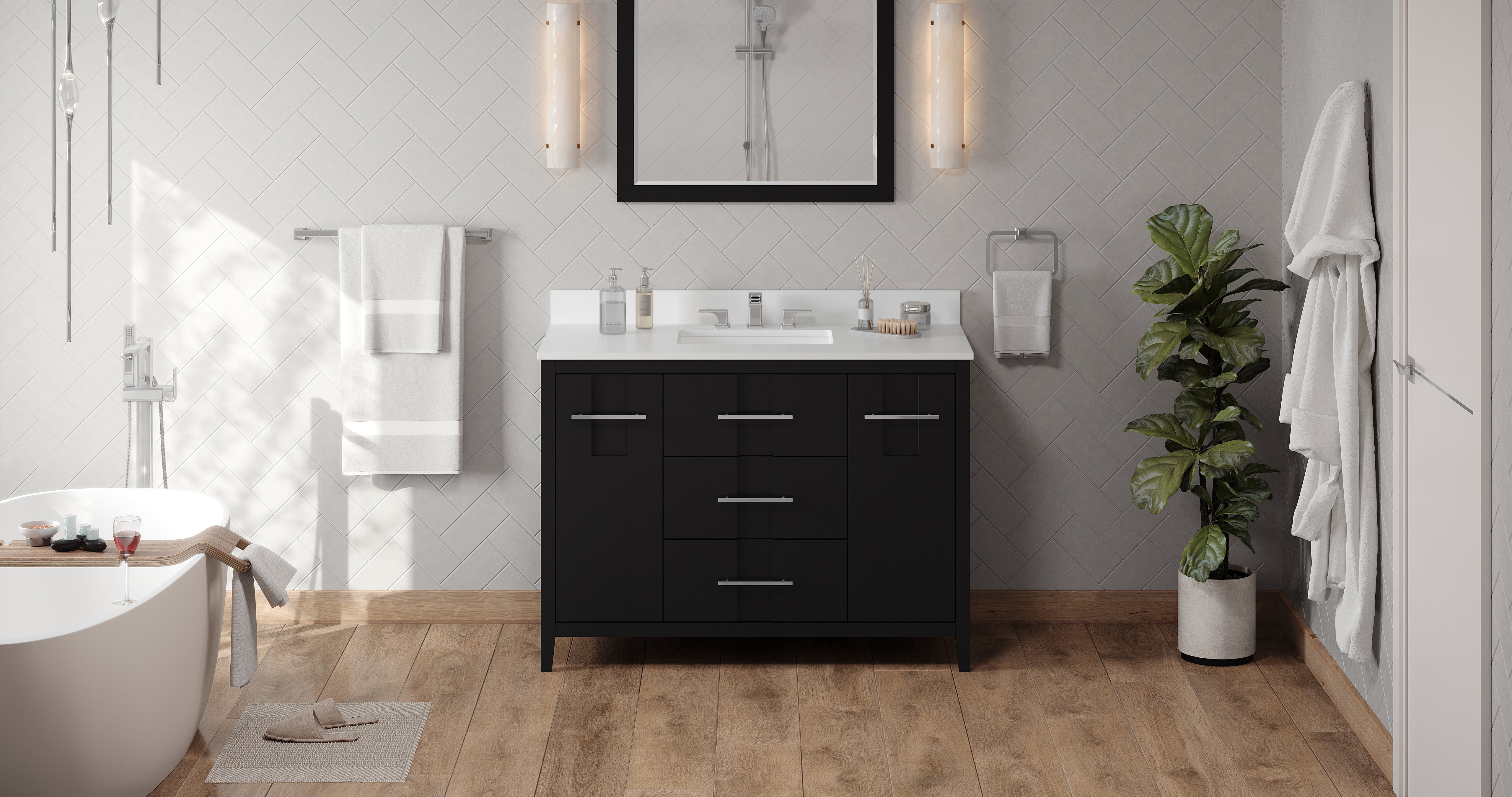 Katara 48" Black Katara Vanity, White Quartz Vanity Top, Undermount Rectangle Bowl | KitchBath