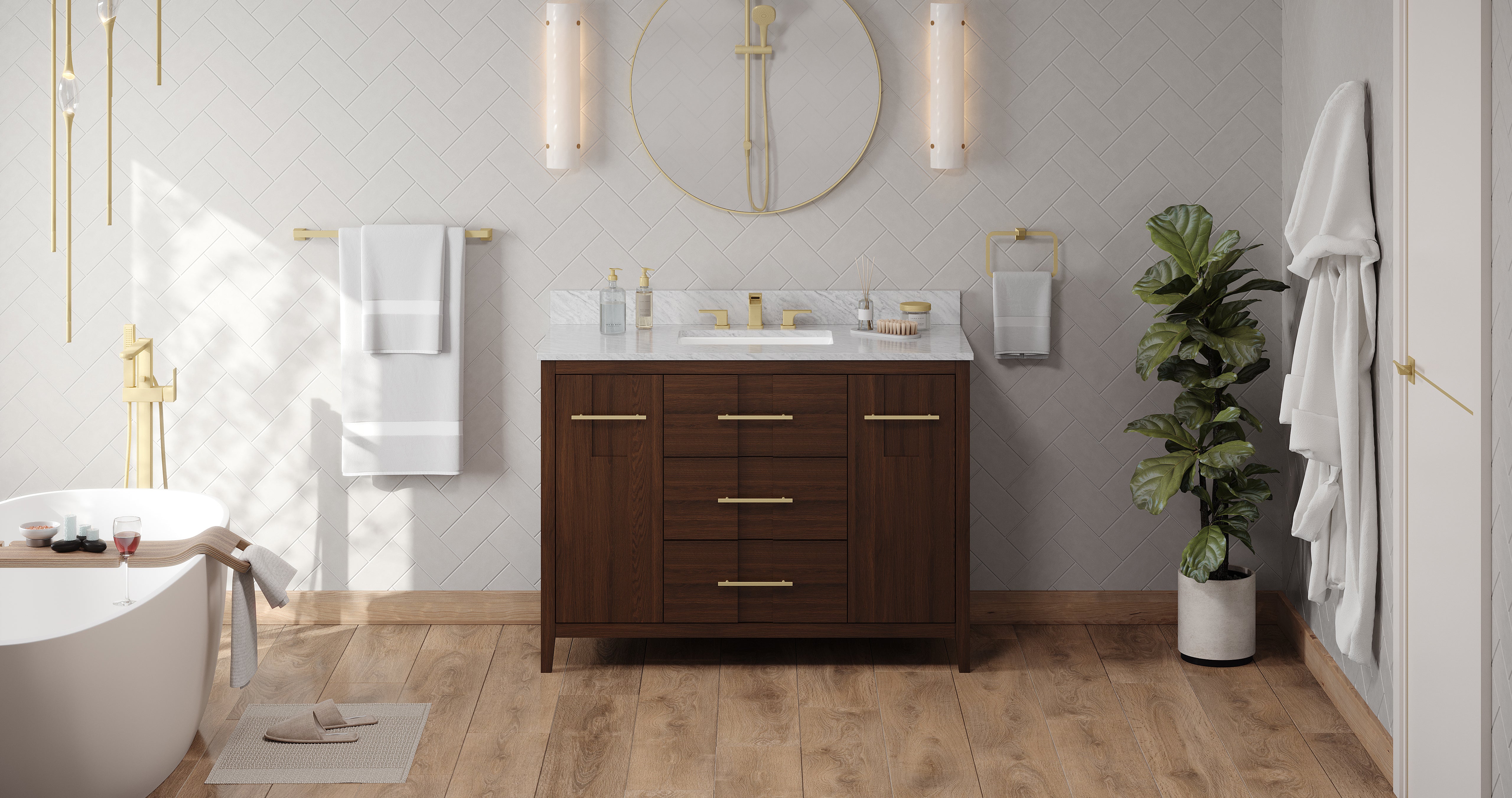 Katara 48" Single Bathroom Vanity Set Dark Walnut, White Carrara Marble Vanity Top, Rectangle Bowl | KitchBath