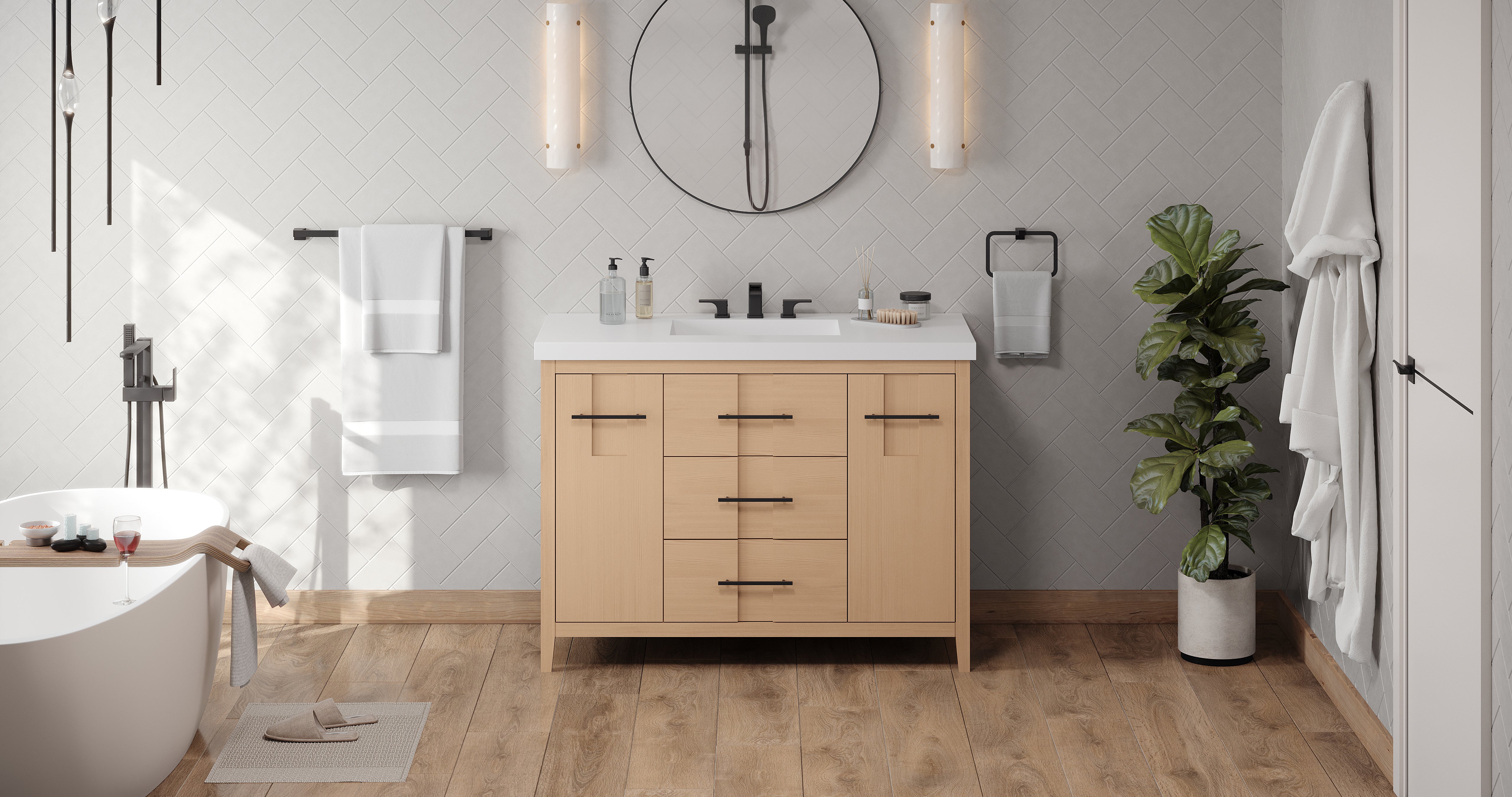 Katara 48" Single Bathroom Vanity Set Natural Oak, White Resin Vanity Top, Rectangle Bowl | KitchBath