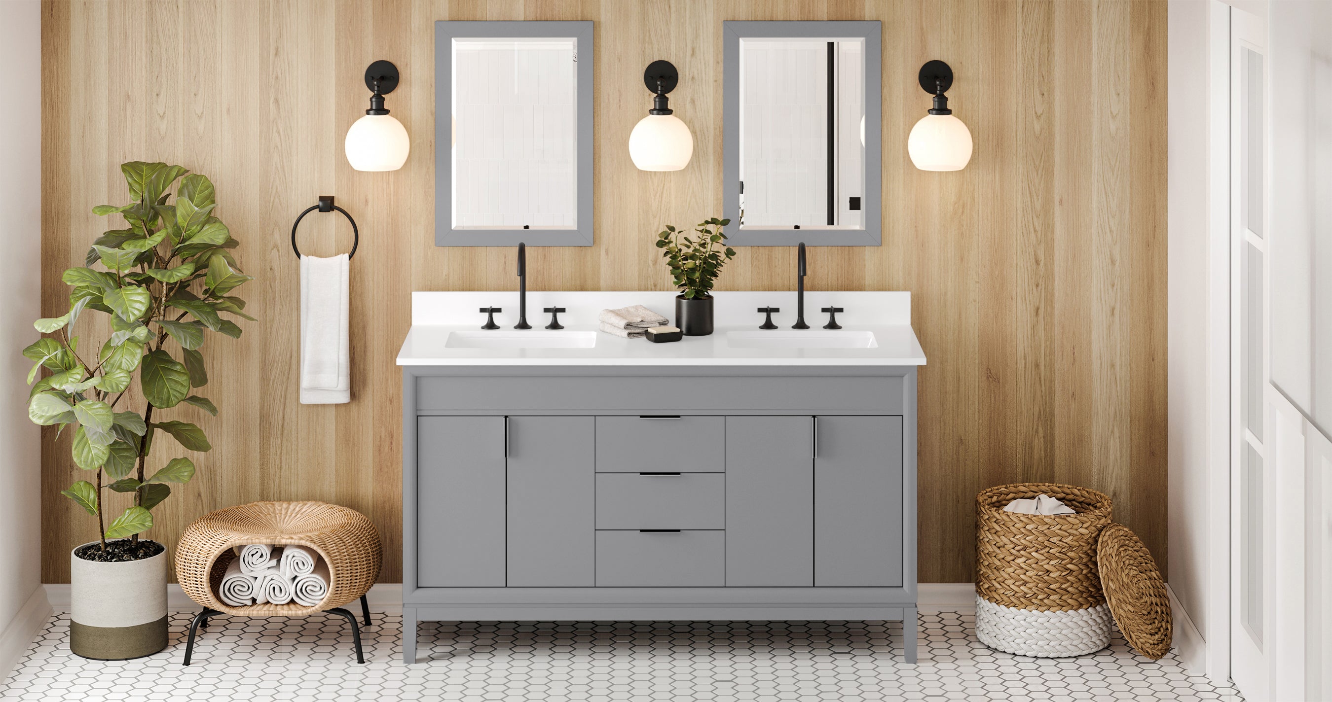 Theodora 60" Grey Theodora Vanity, Double Bowl, White Quartz Vanity Top, Two Undermount Rectangle Bowls | KitchBath