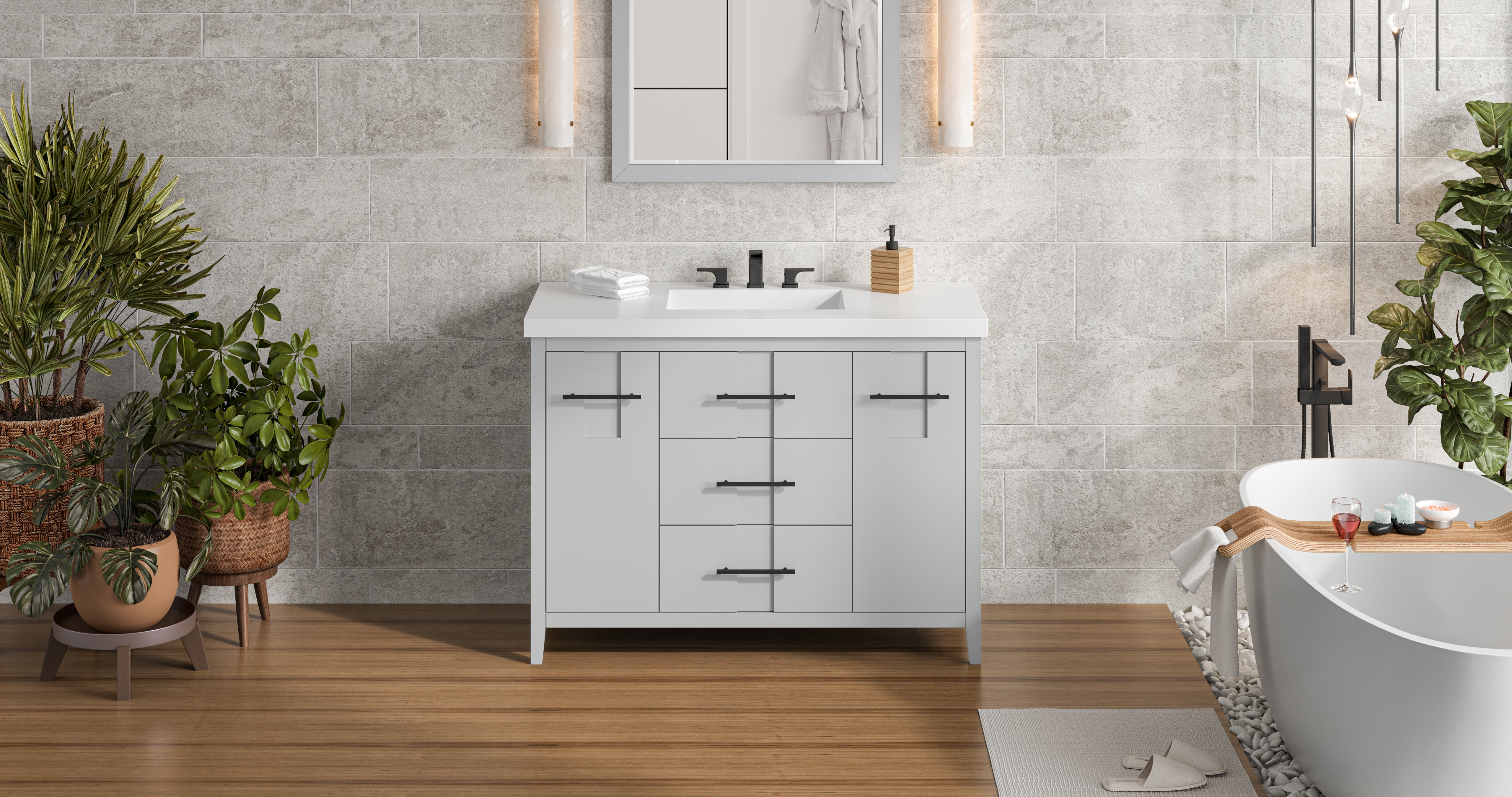 Katara 48" Single Bathroom Vanity Set Grey, White Resin Vanity Top, Rectangle Bowl | KitchBath