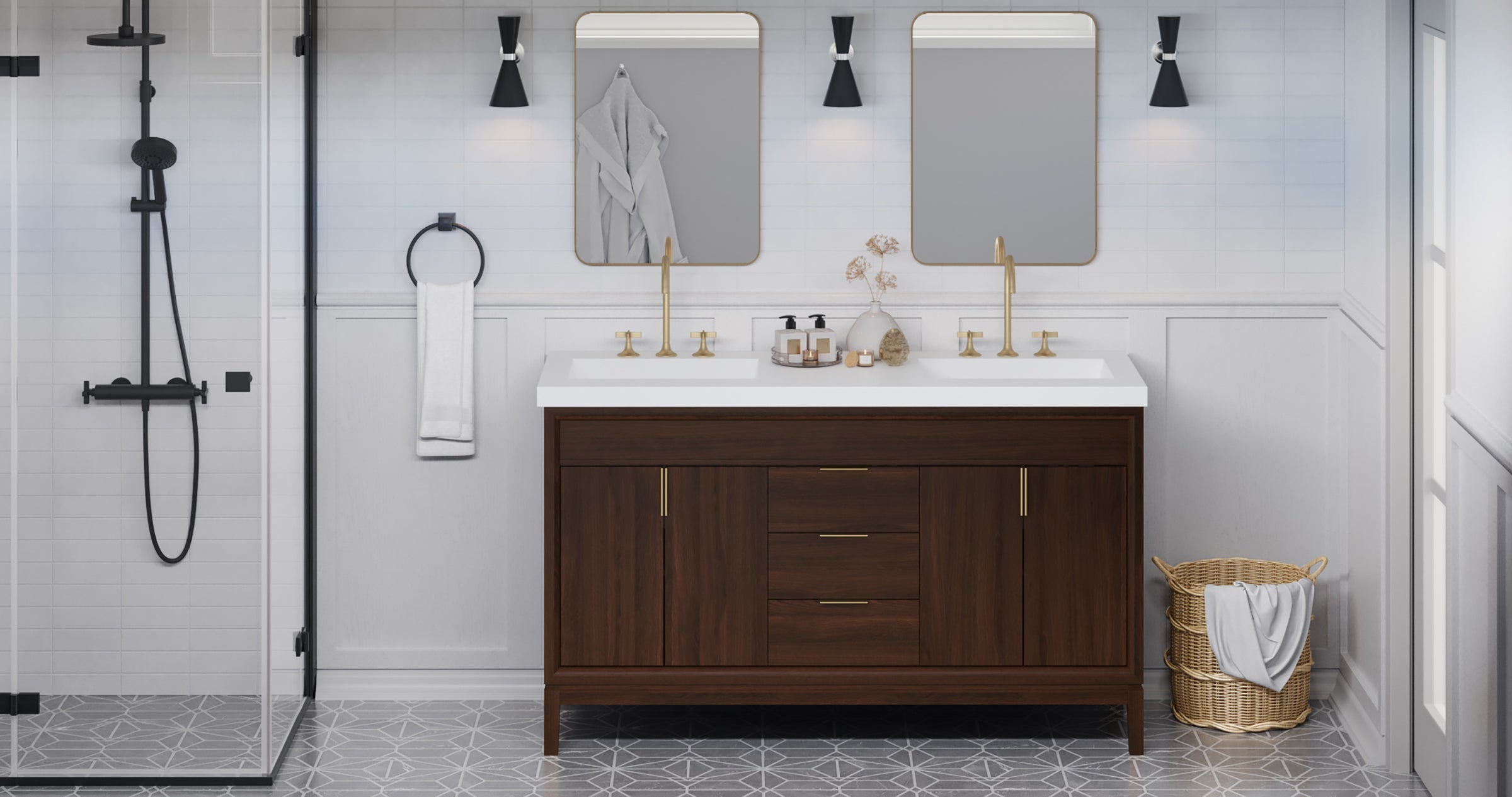 Theodora 60" Double Bathroom Vanity Set Dark Walnut, White Resin Vanity Top, Rectangle Bowl | KitchBath