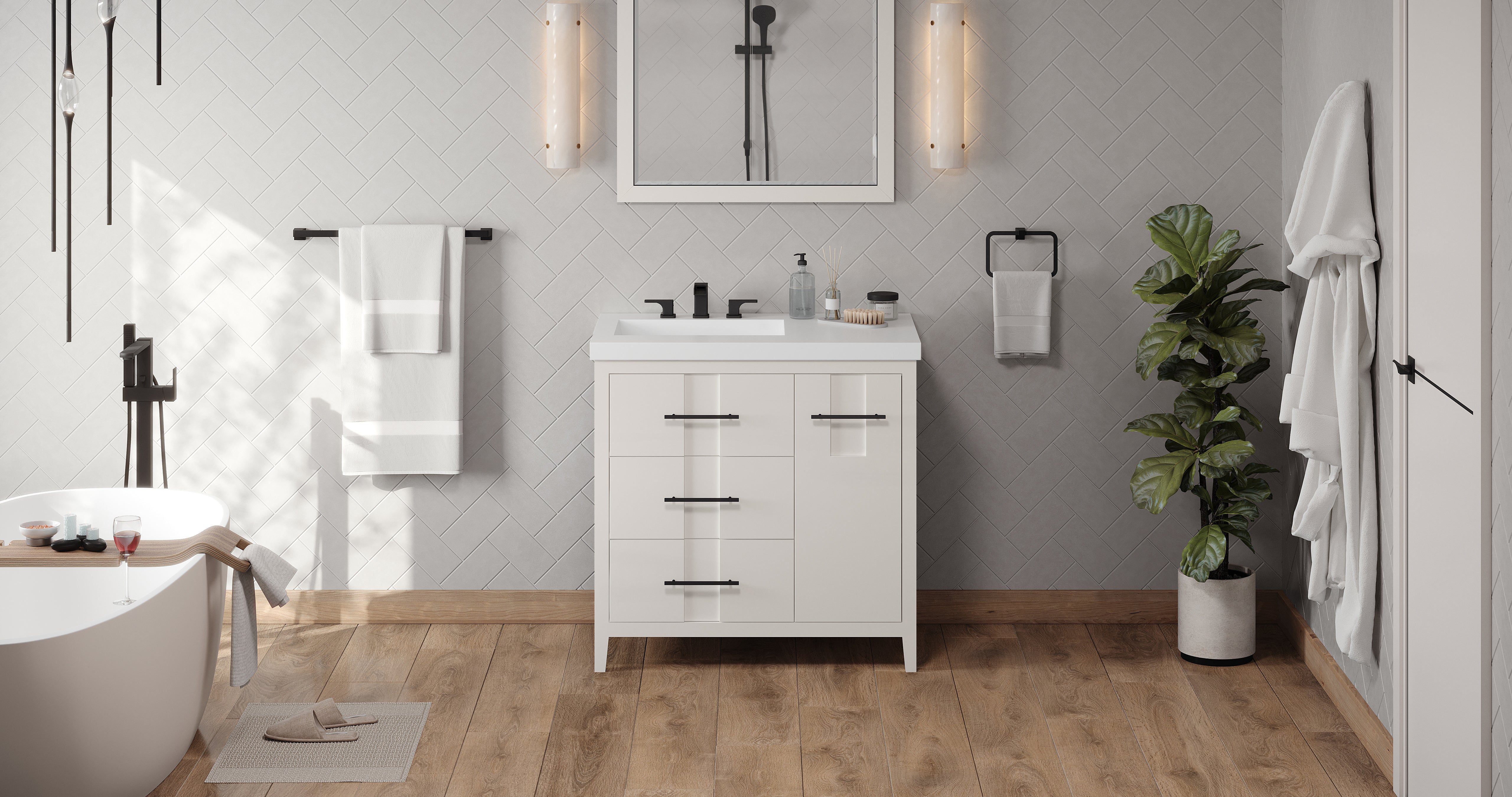 Katara 36" Single Bathroom Vanity Set White, White Resin Vanity Top, Rectangle Bowl | KitchBath