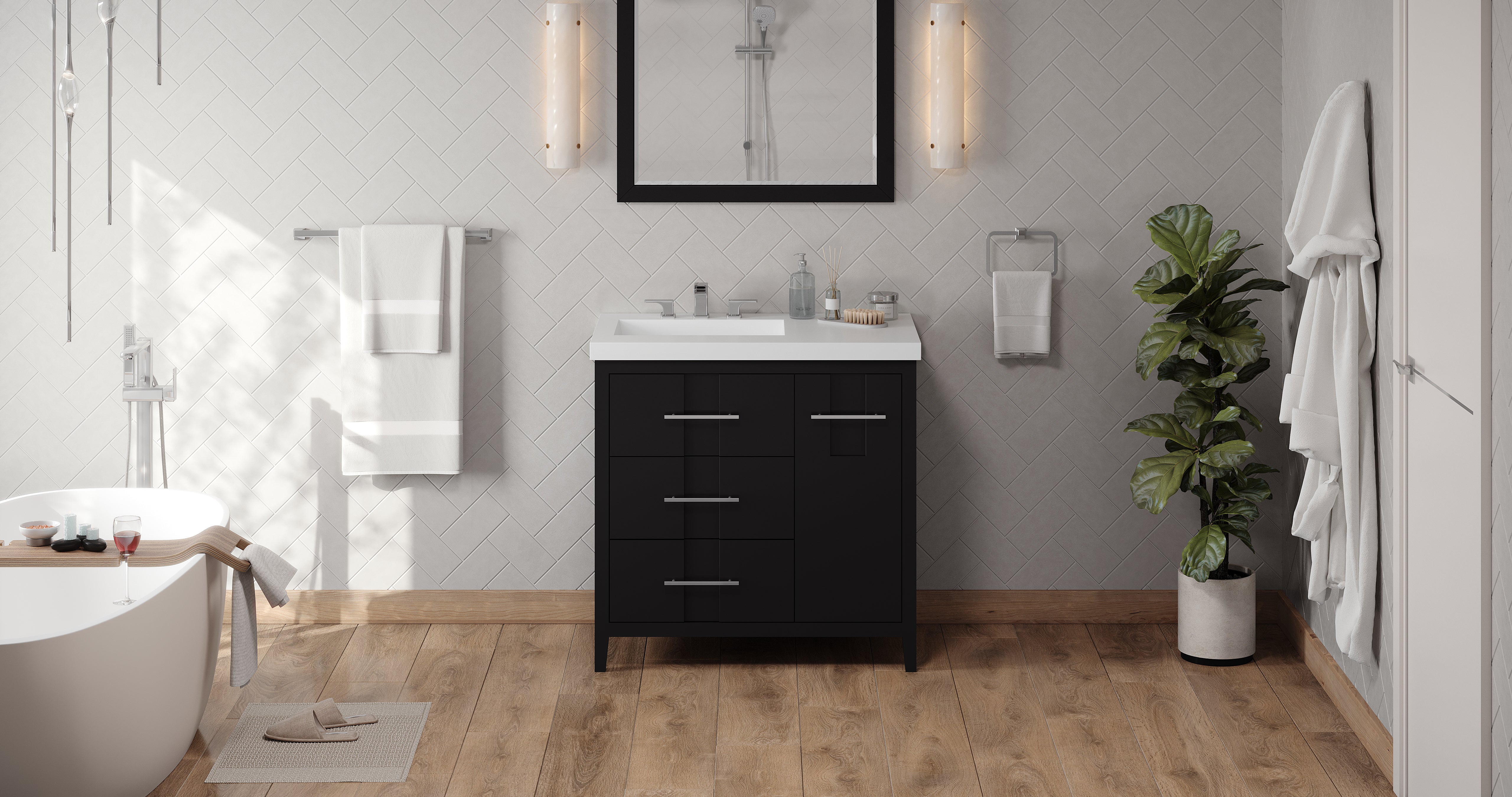 Katara 36" Single Bathroom Vanity Set Black, White Resin Vanity Top, Rectangle Bowl | KitchBath
