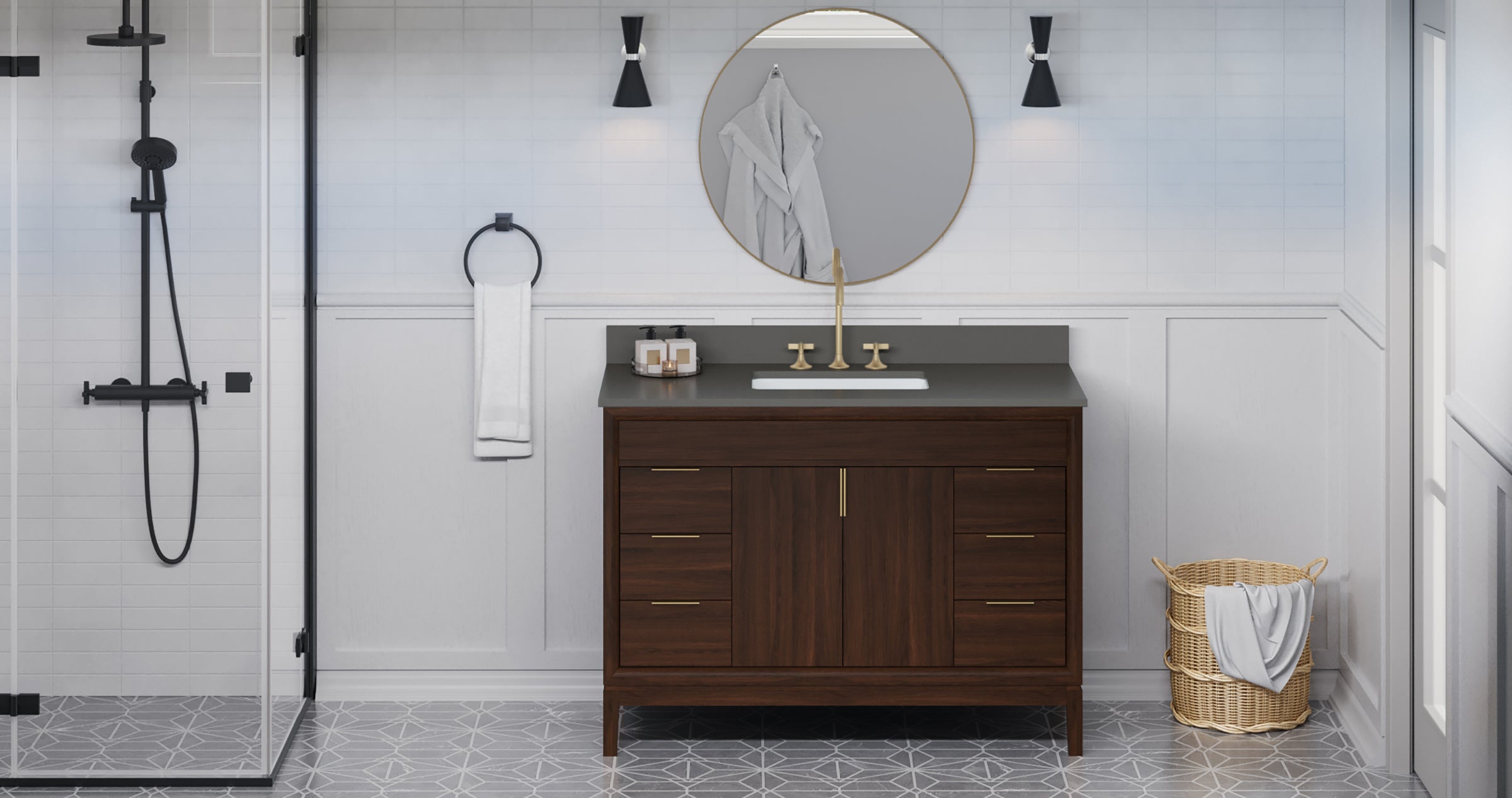 Theodora 48" Single Bathroom Vanity Set Dark Walnut, Grey Quartz Vanity Top, Rectangle Bowl | KitchBath
