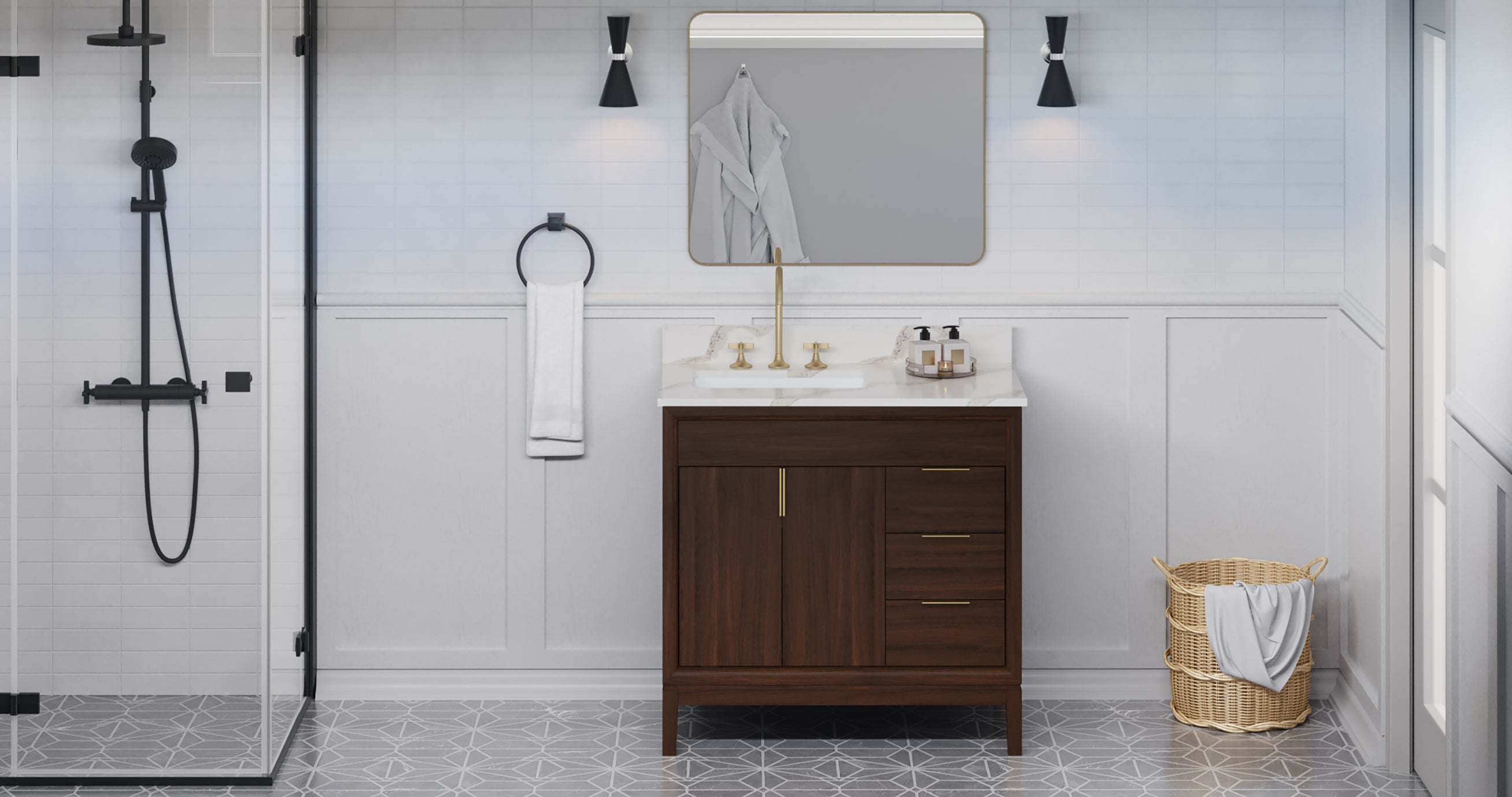 Theodora 36" Single Bathroom Vanity Set Dark Walnut, Calacatta Vienna Quartz Vanity Top, Rectangle Bowl | KitchBath