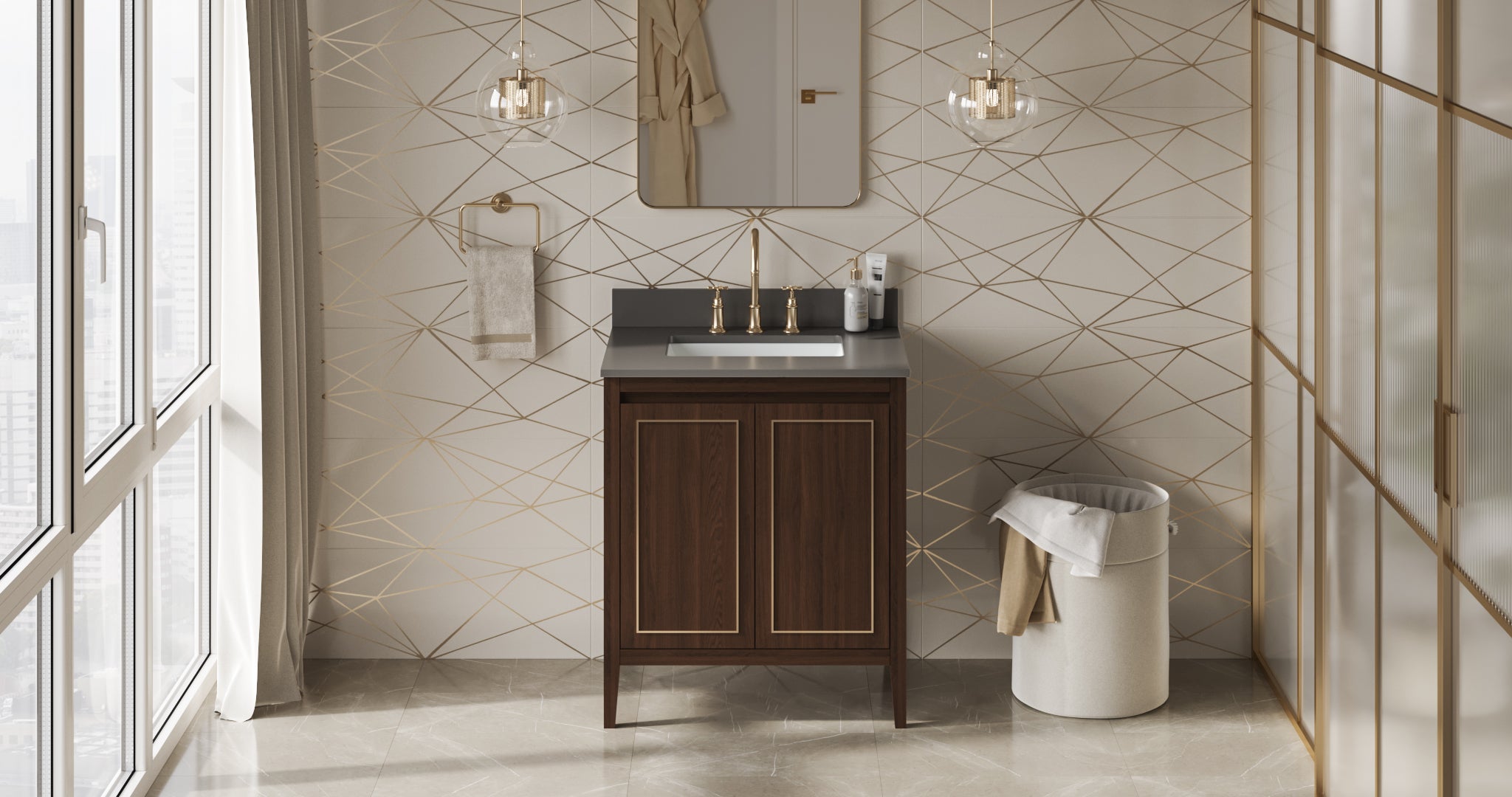 Percival 30" Single Bathroom Vanity Set Dark Walnut, Grey Quartz Vanity Top, Rectangle Bowl | KitchBath