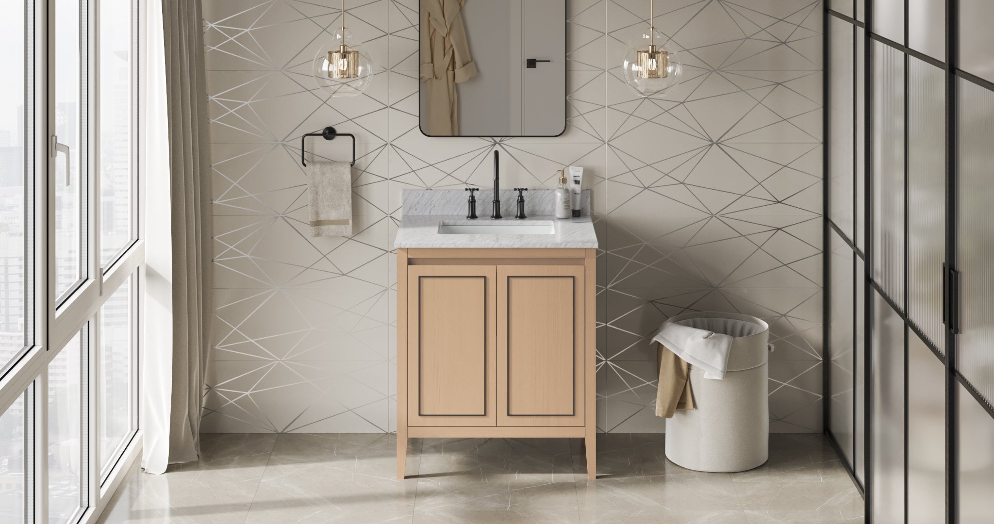 Percival 30" Single Bathroom Vanity Set Natural Oak, White Carrara Marble Vanity Top, Rectangle Bowl | KitchBath