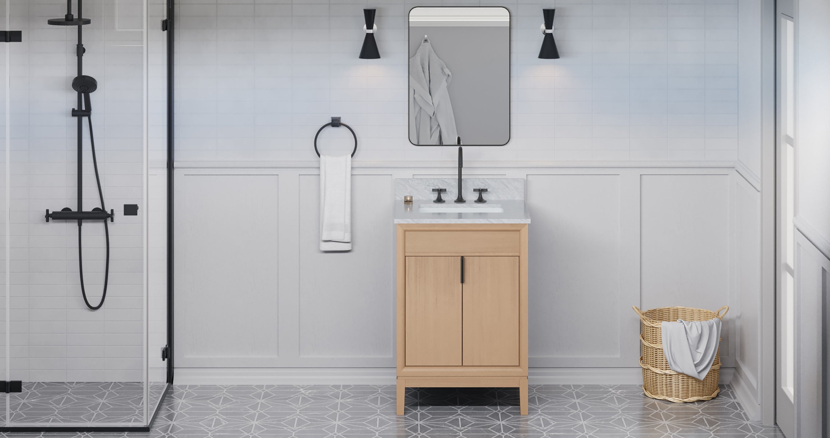 Theodora 24" Single Bathroom Vanity Set Natural Oak, White Carrara Marble Vanity Top, Rectangle Bowl | KitchBath