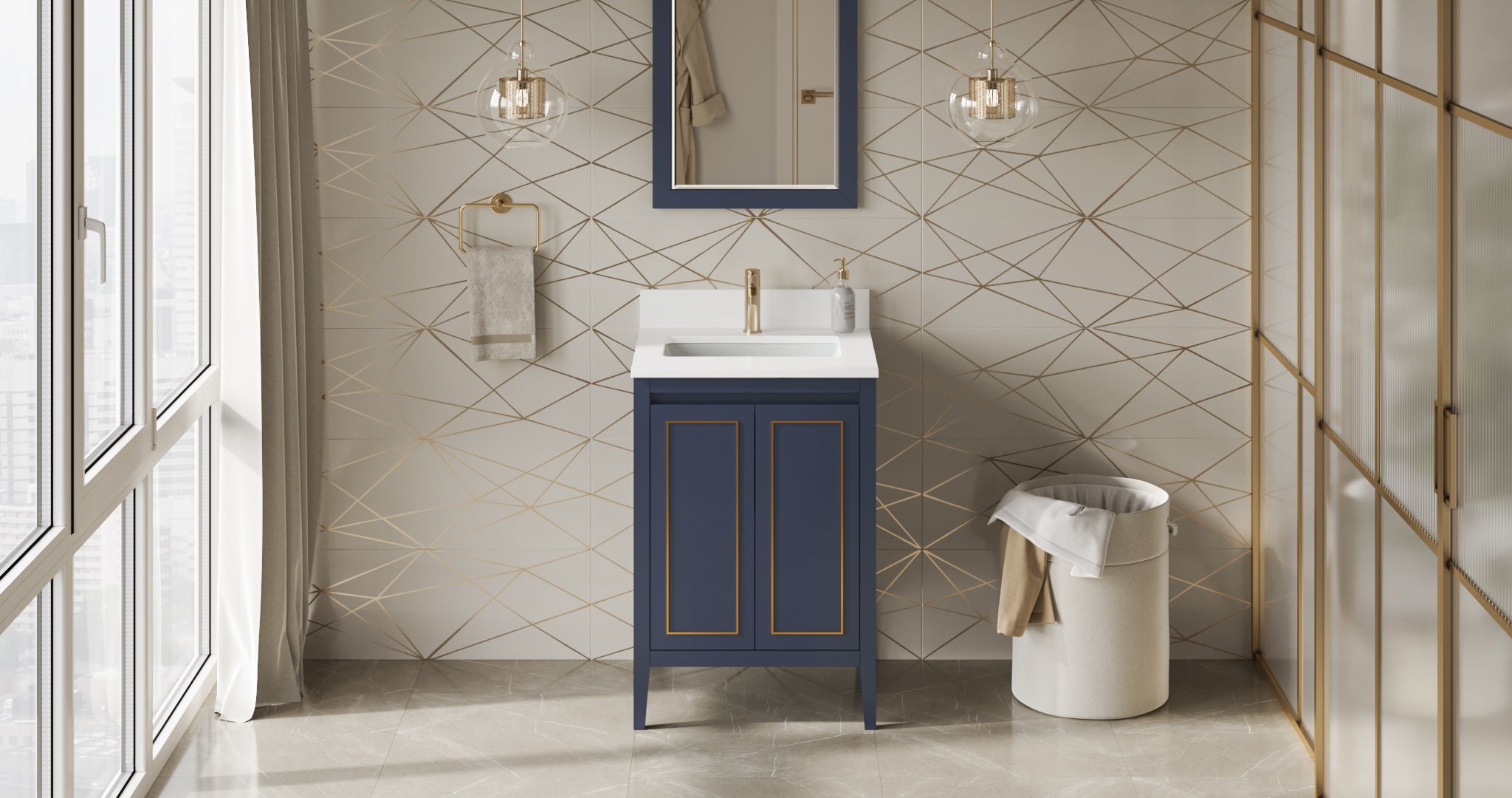 Percival 24" Hale Blue Percival Vanity, White Quartz Vanity Top, Undermount Rectangle Bowl | KitchBath